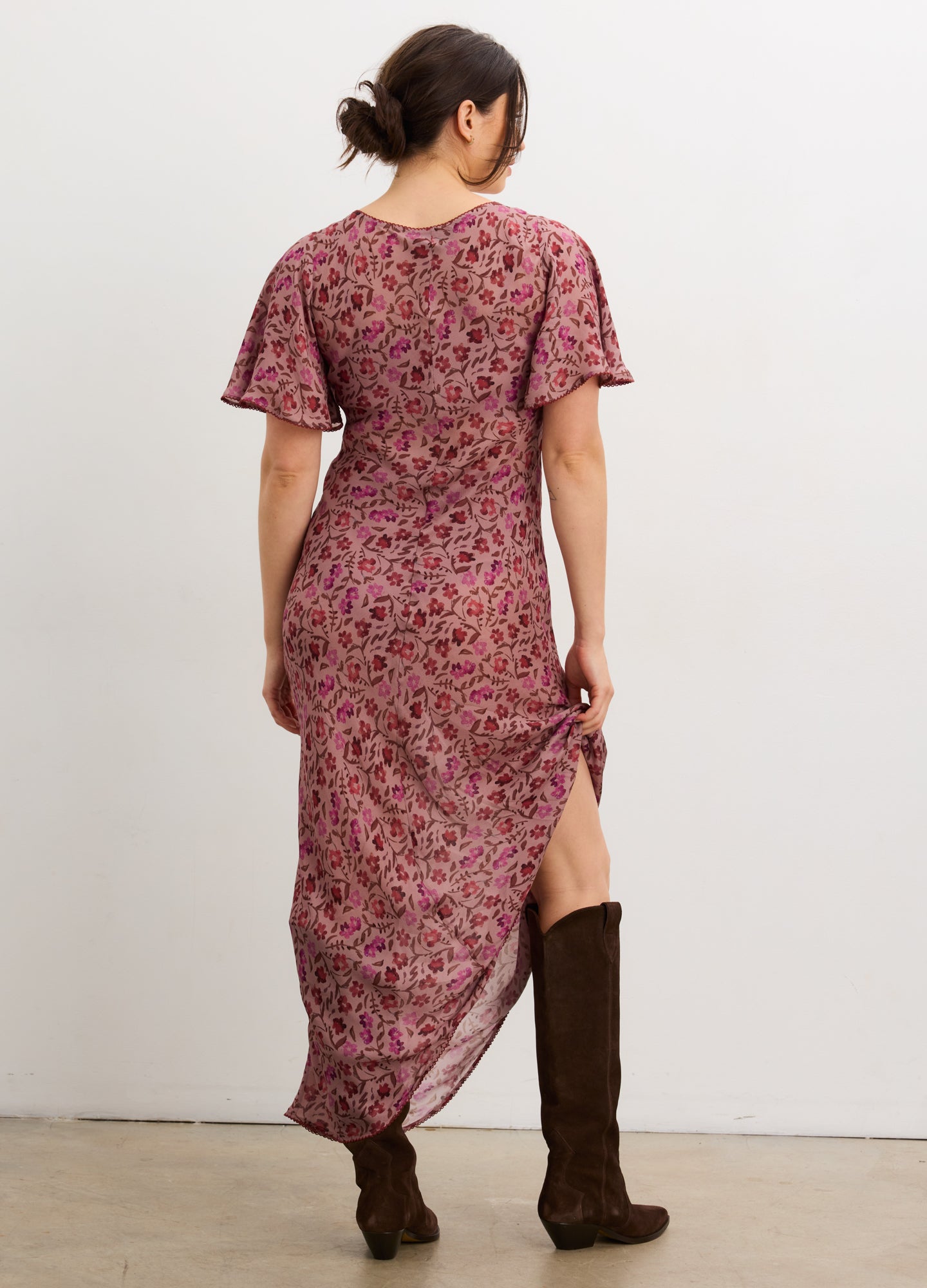 The Mirabelle Bias Floral Dress - Twilight mauve floral maternity dress with short flutter sleeves and nursing-friendly scoop neckline.