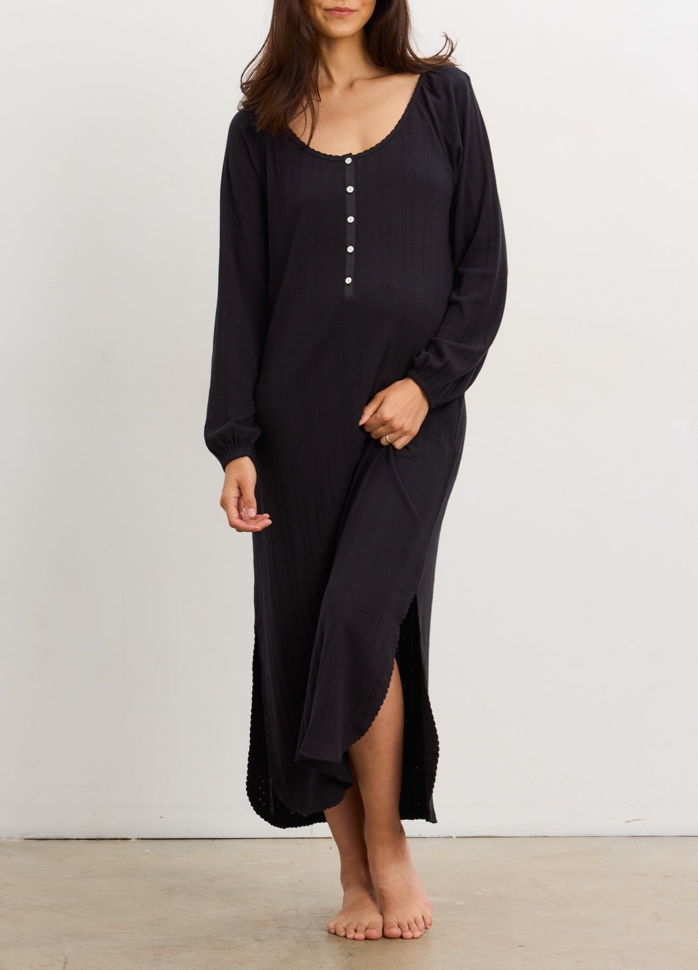 HATCH Collection The Long Sleeve Pointelle Nightgown in Black | Size: 1 HATCH Collection The Long Sleeve Pointelle Nightgown in Black | Size: 1