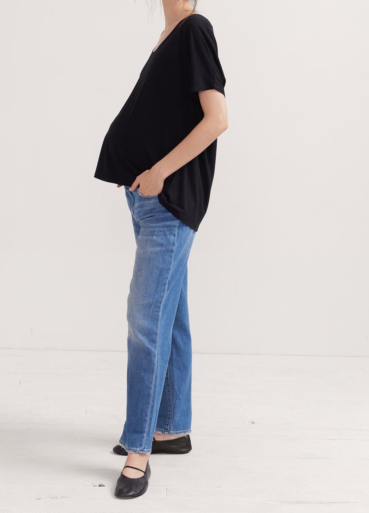 The Perfect Vee - Black and white striped maternity tee with relaxed fit, ideal for pregnancy, nursing, and postpartum wear.