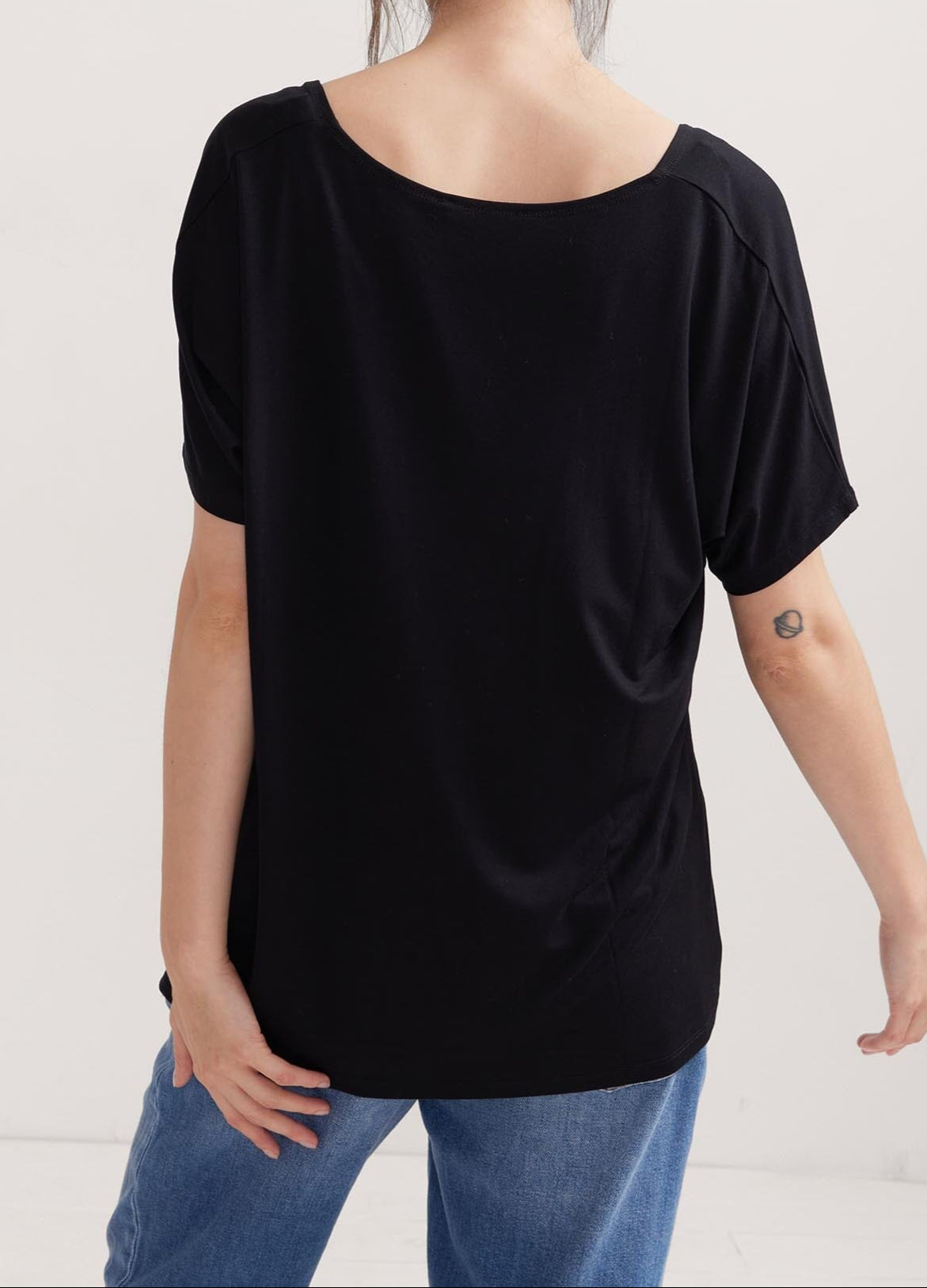 The Perfect Vee - Black and white striped maternity tee with relaxed fit, ideal for pregnancy, nursing, and postpartum wear.