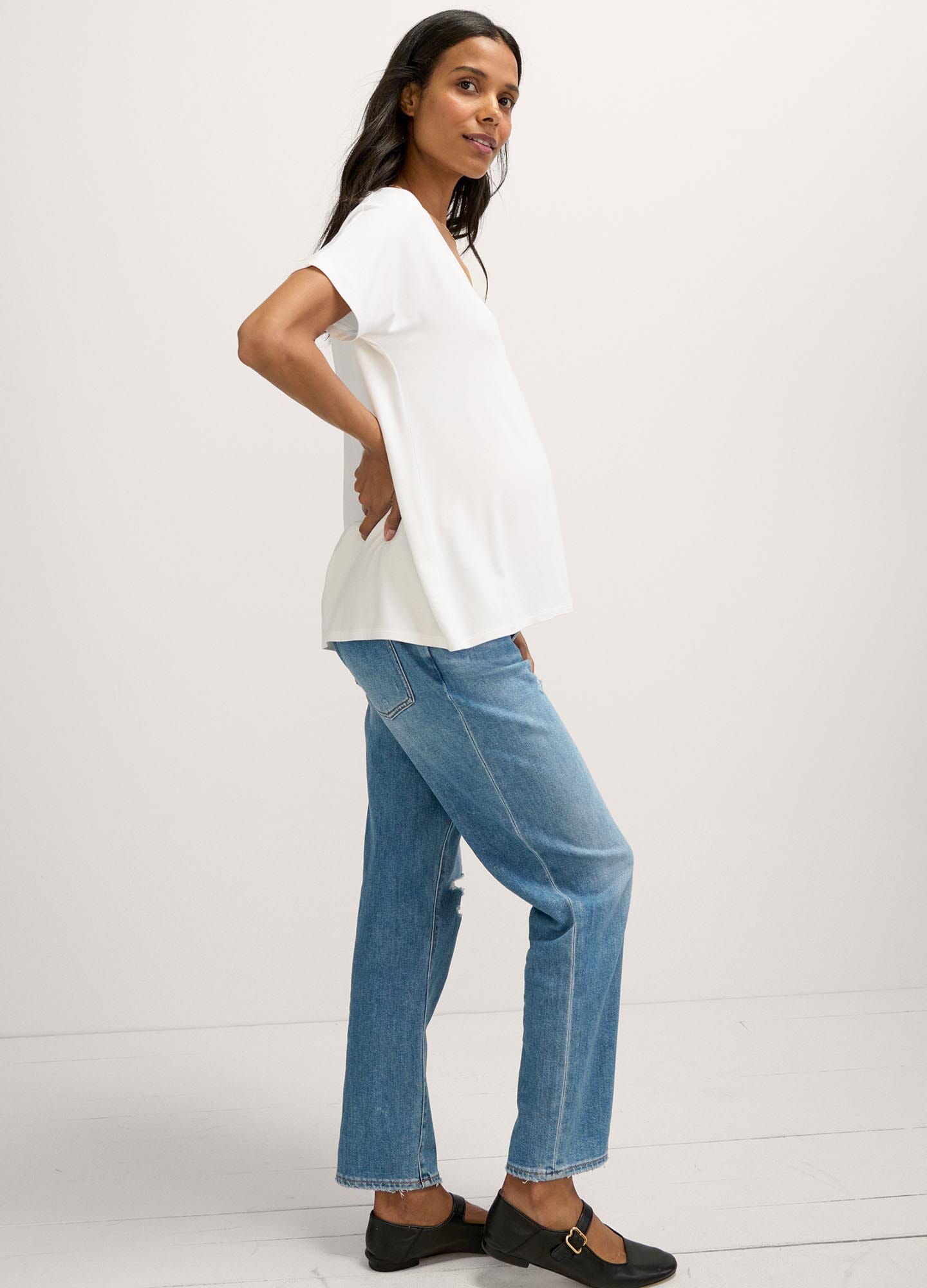 The Perfect Vee - Black and white striped maternity tee with relaxed fit, ideal for pregnancy, nursing, and postpartum wear.