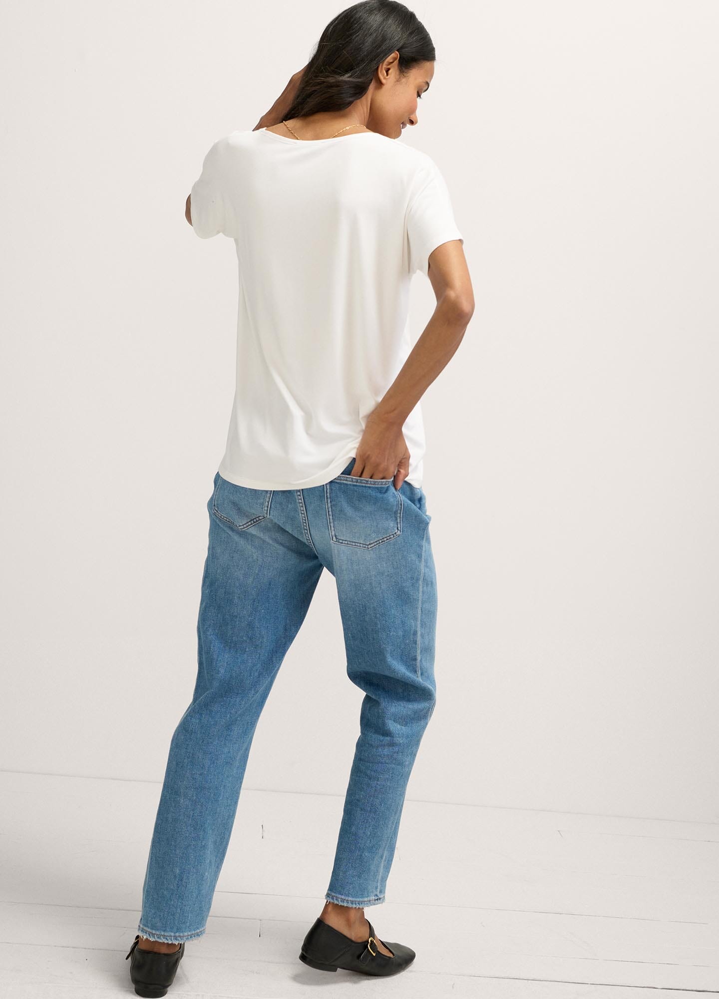 The Perfect Vee - Black and white striped maternity tee with relaxed fit, ideal for pregnancy, nursing, and postpartum wear.