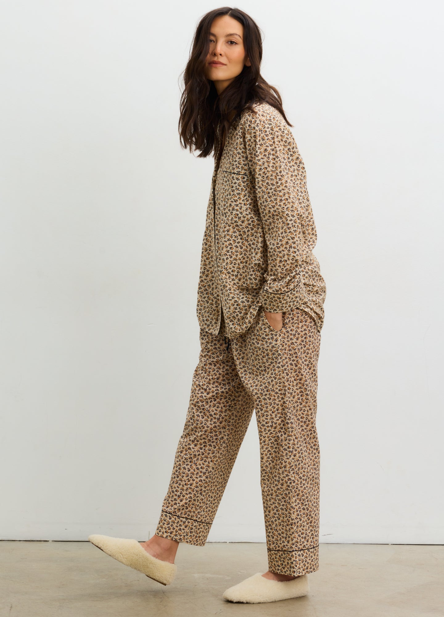 The Petite Marigold PJ Set - Soft beige maternity pajama set with delicate floral print, button-front nursing top, and relaxed drawstring pants for.