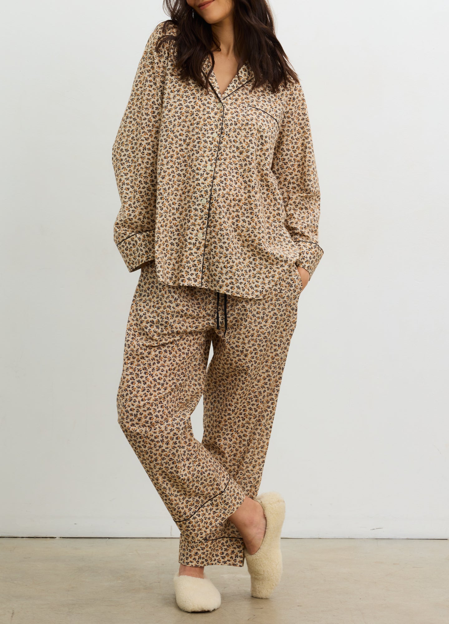 The Petite Marigold PJ Set - Soft beige maternity pajama set with delicate floral print, button-front nursing top, and relaxed drawstring pants for.