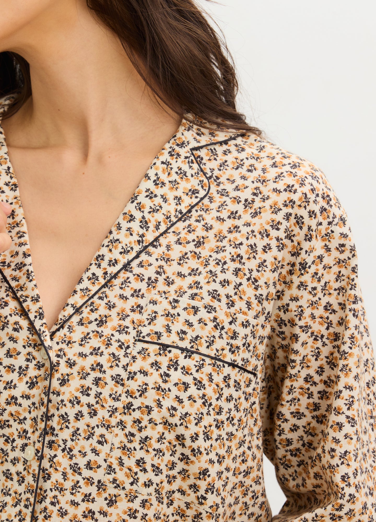 The Petite Marigold PJ Set - Soft beige maternity pajama set with delicate floral print, button-front nursing top, and relaxed drawstring pants for.