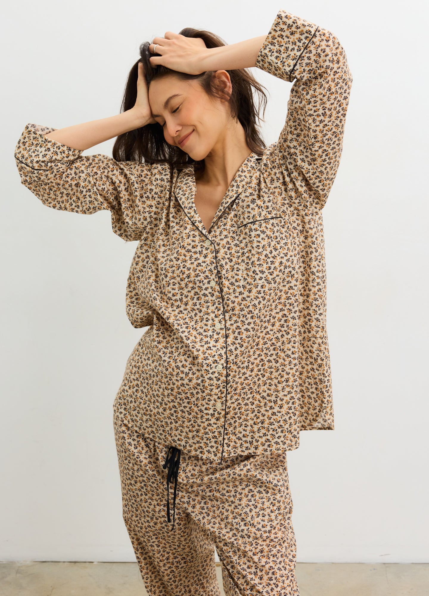 The Petite Marigold PJ Set - Soft beige maternity pajama set with delicate floral print, button-front nursing top, and relaxed drawstring pants for.