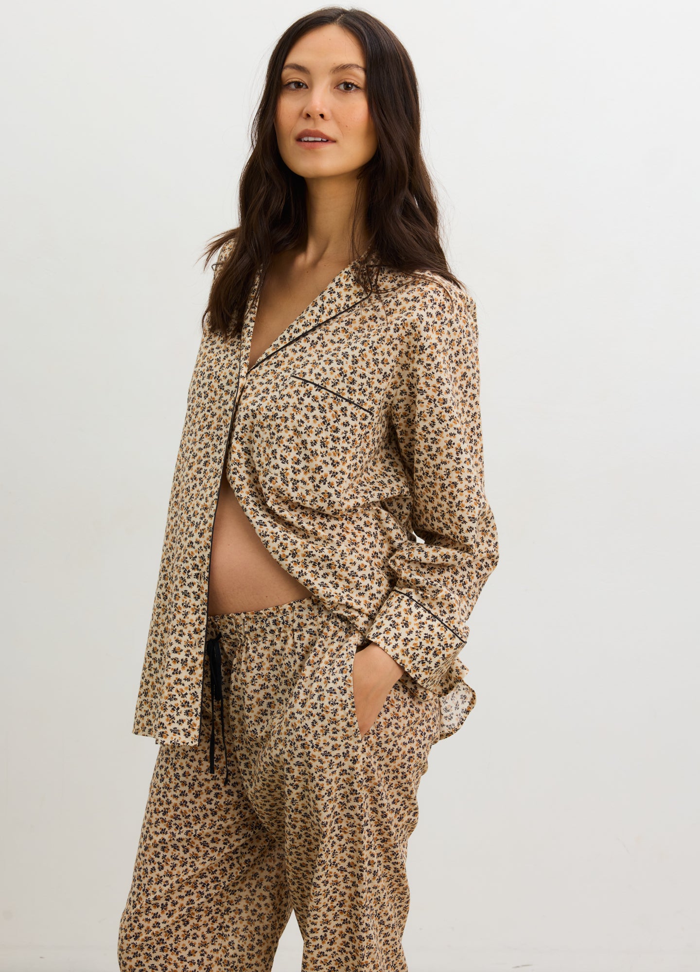 The Petite Marigold PJ Set - Soft beige maternity pajama set with delicate floral print, button-front nursing top, and relaxed drawstring pants for.
