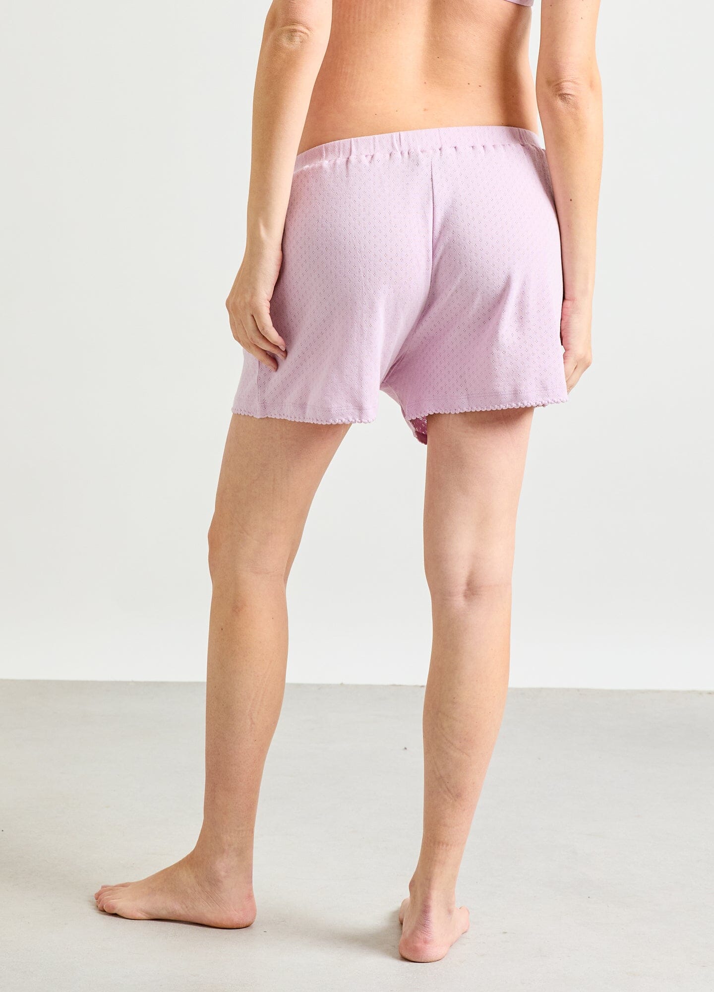 The Pointelle Boxer Short - Maternity fair orchid boxer shorts with soft pointelle knit, styled for pregnancy and postpartum comfort.