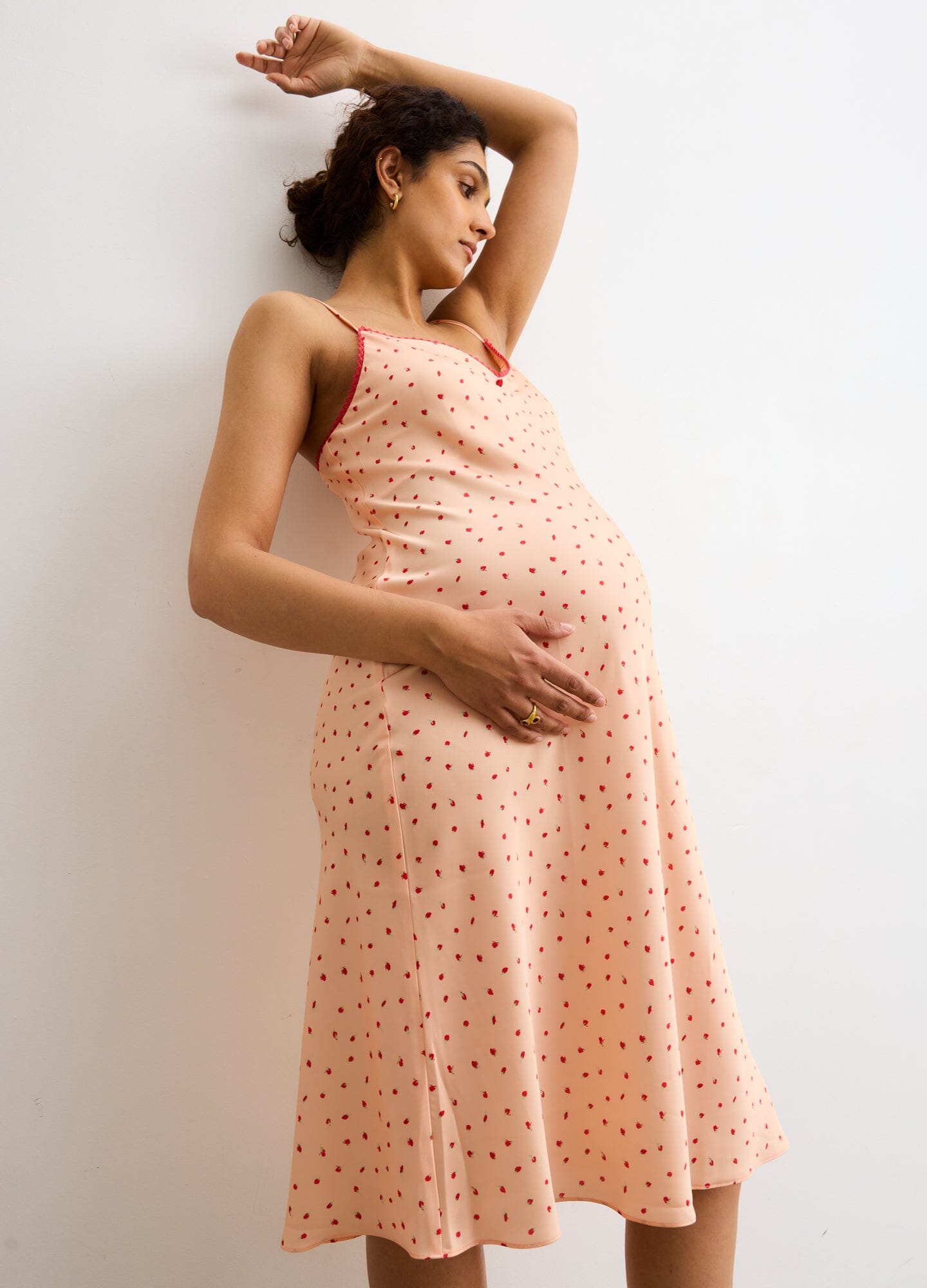 The Roseberry Floral Slip Dress - Sorbet pink floral maternity slip dress with adjustable spaghetti straps, designed for pregnancy, nursing, and postpartum.