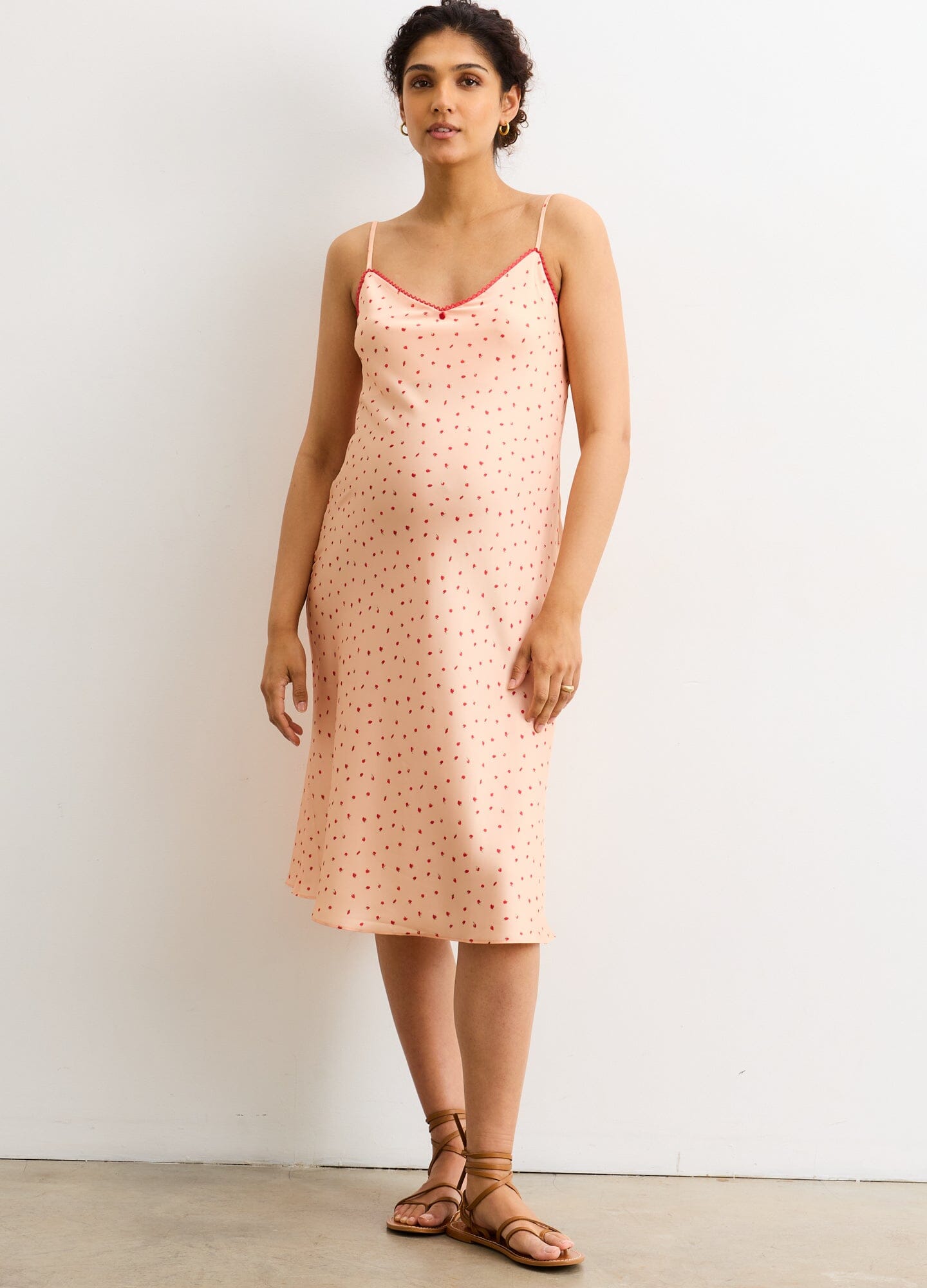 The Roseberry Floral Slip Dress - Sorbet pink floral maternity slip dress with adjustable spaghetti straps, designed for pregnancy, nursing, and postpartum.