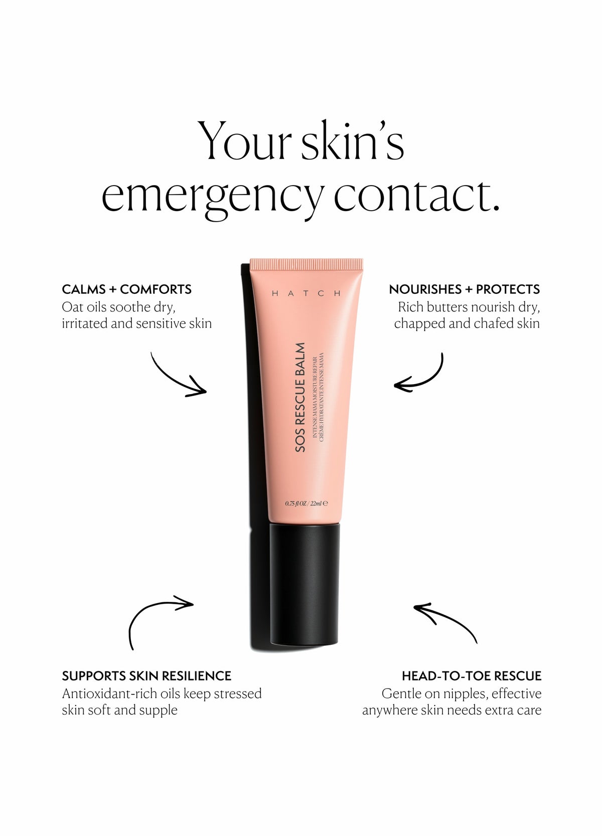 Peach-toned tube of SOS Rescue Balm with black cap, sleek design, maternity skincare label.