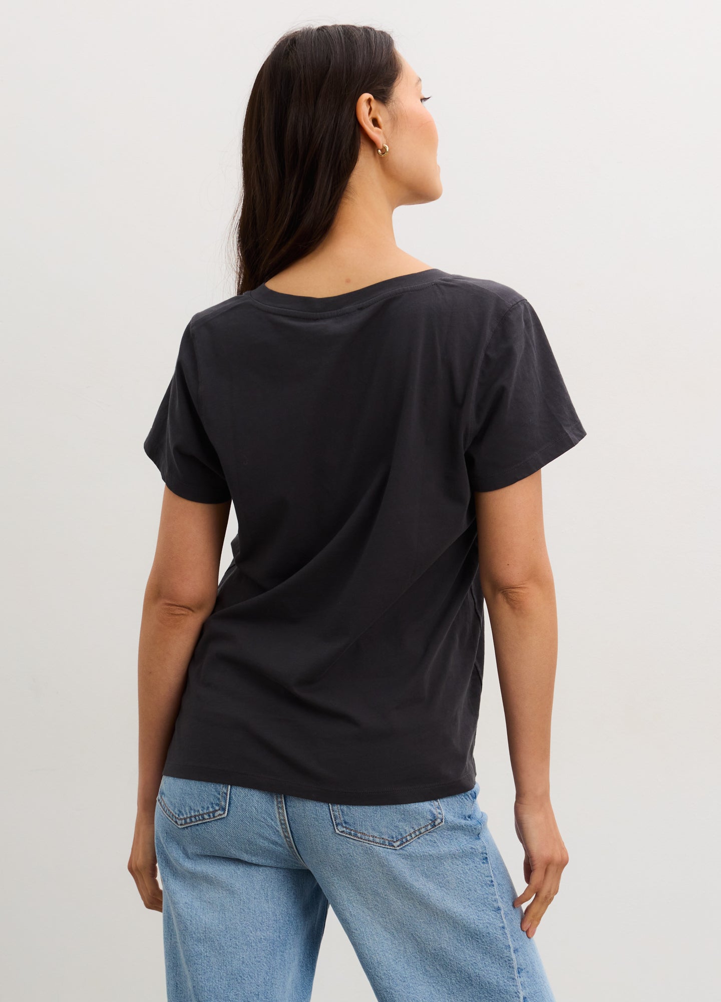 Washed Cotton Vintage V-Neck T-Shirt - Black washed cotton vintage V-neck maternity T-shirt with nursing-friendly layered design, soft drape for pregnancy and.