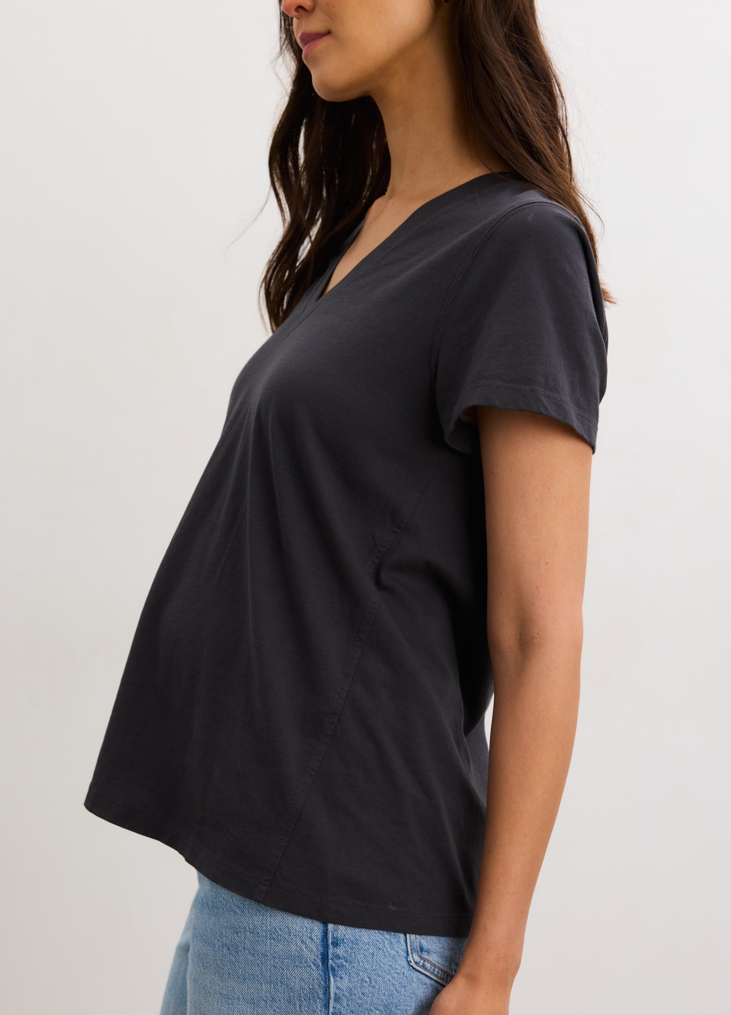 Washed Cotton Vintage V-Neck T-Shirt - Black washed cotton vintage V-neck maternity T-shirt with nursing-friendly layered design, soft drape for pregnancy and.