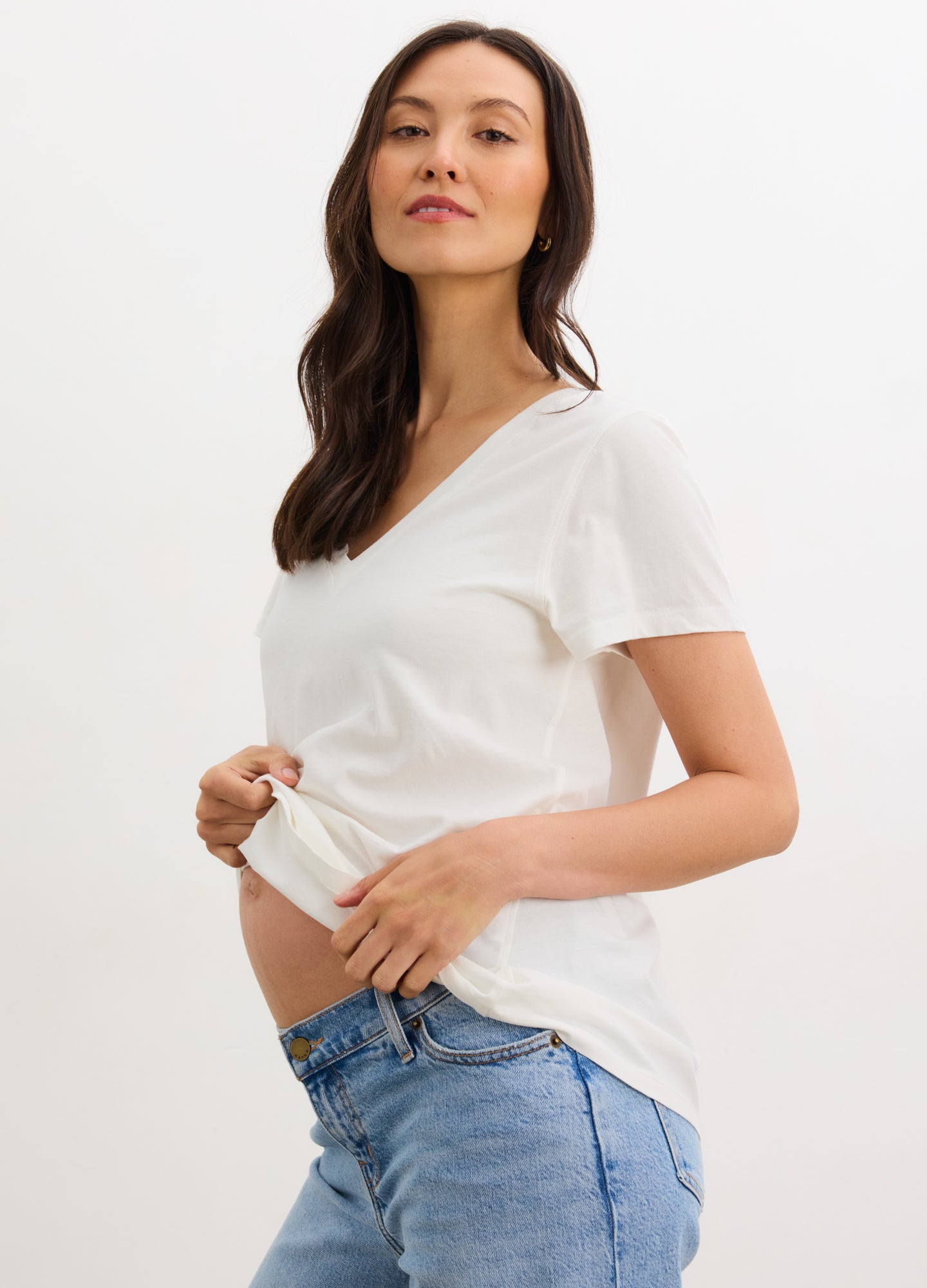 Washed Cotton Vintage V-Neck T-Shirt - White washed cotton vintage V-neck maternity T-shirt with short sleeves, soft and breathable for pregnancy, nursing, and.