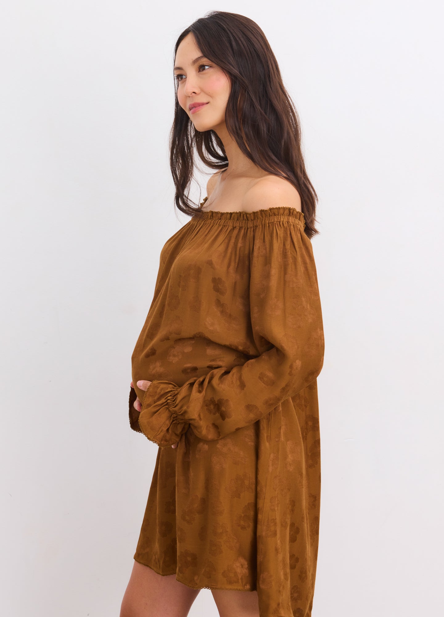 HATCH Collection The Samantha Off-The-Shoulder Jacquard Mini Dress in Caramel