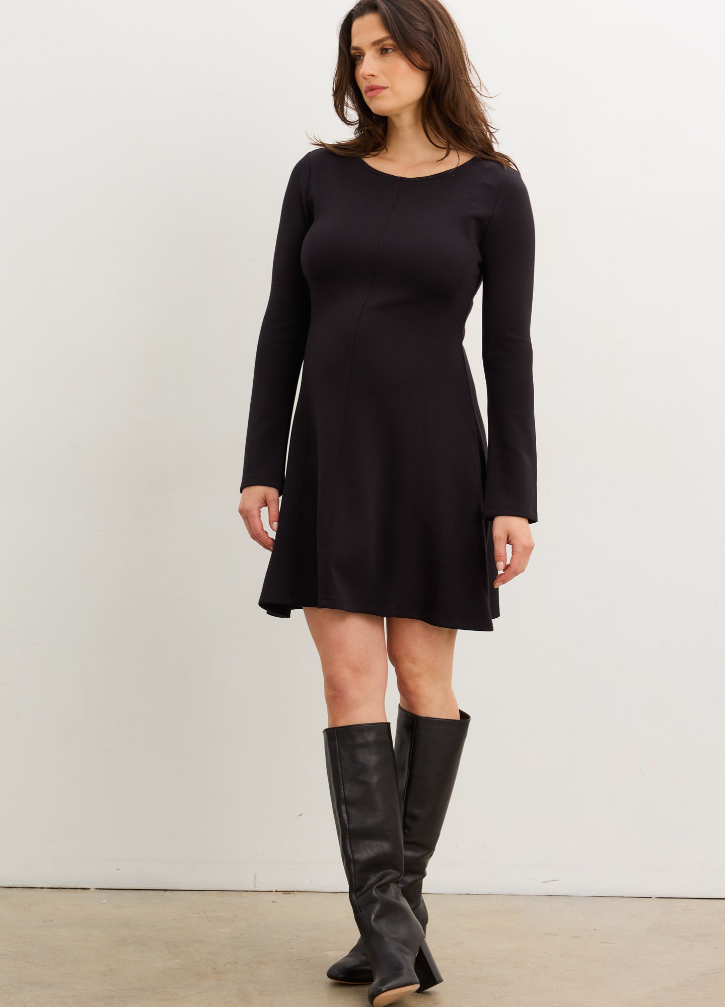 The Seamed Stretch Desk-To-Dinner Dress - Black long-sleeve stretch maternity dress with seamed waist, knee-length, styled for nursing and postpartum, paired with.