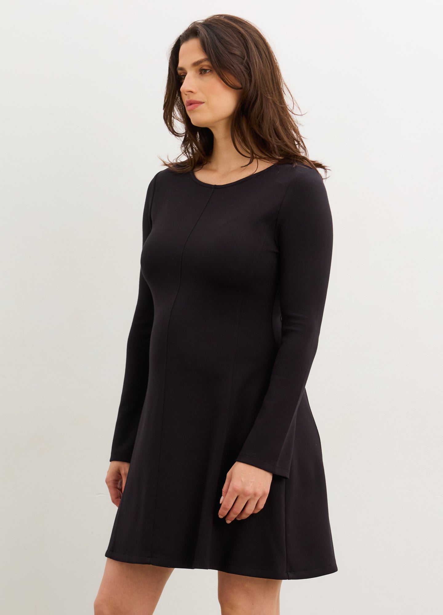 The Seamed Stretch Desk-To-Dinner Dress - Black long-sleeve stretch maternity dress with seamed waist, knee-length, styled for nursing and postpartum, paired with.