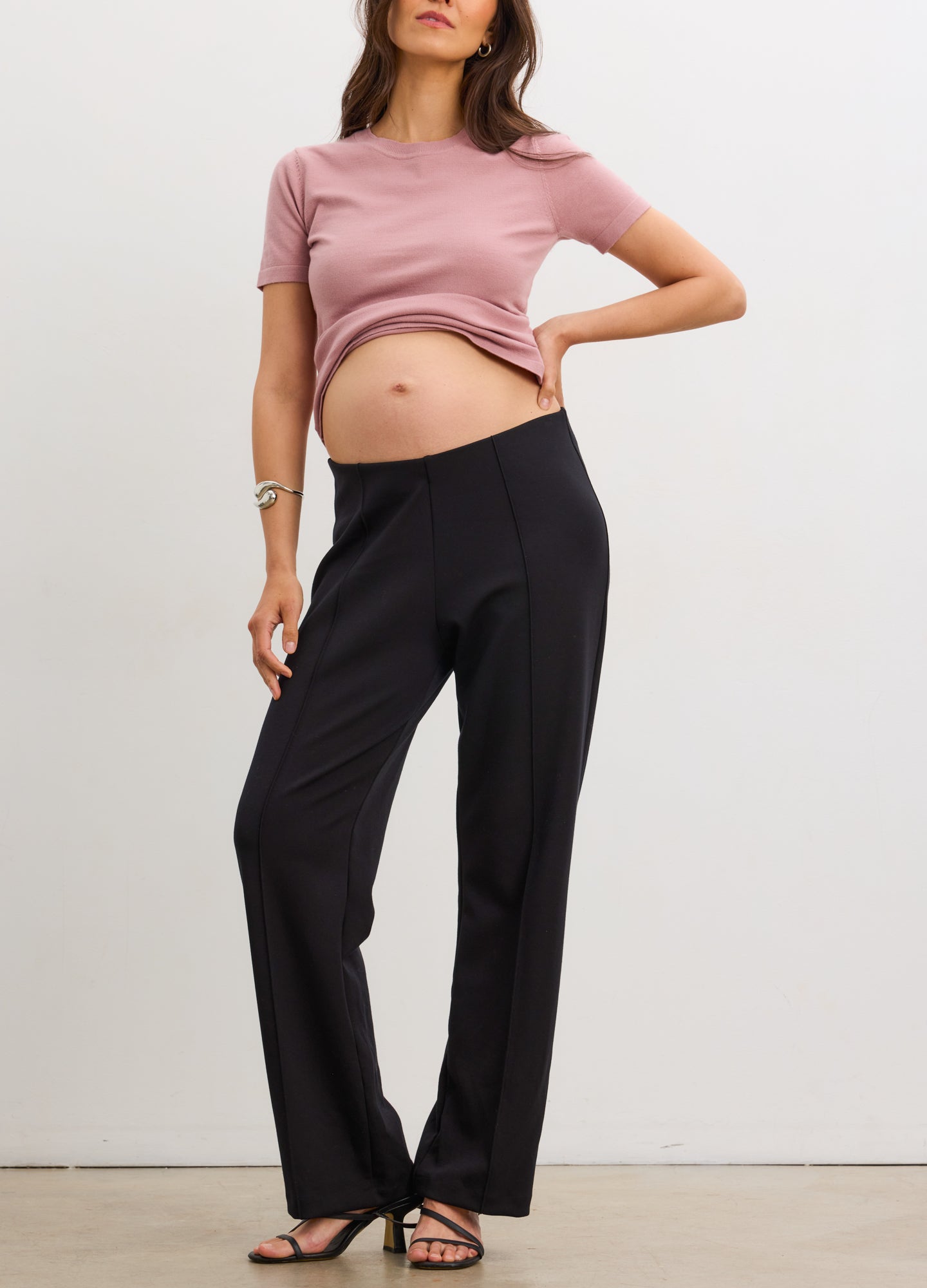 The Seamed Stretch Straight-Leg Work Pant - Black seamed stretch straight-leg maternity work pants designed for pregnancy, nursing, and postpartum comfort.