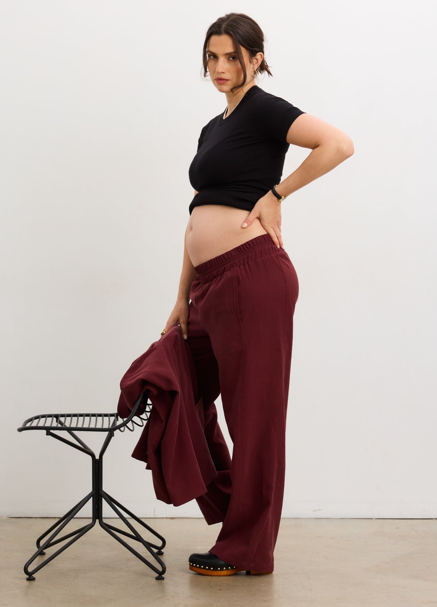The Soft Tailored Pull On Trouser - Chocolate plum soft tailored maternity pull-on trousers with straight leg, paired with matching double-breasted blazer for.