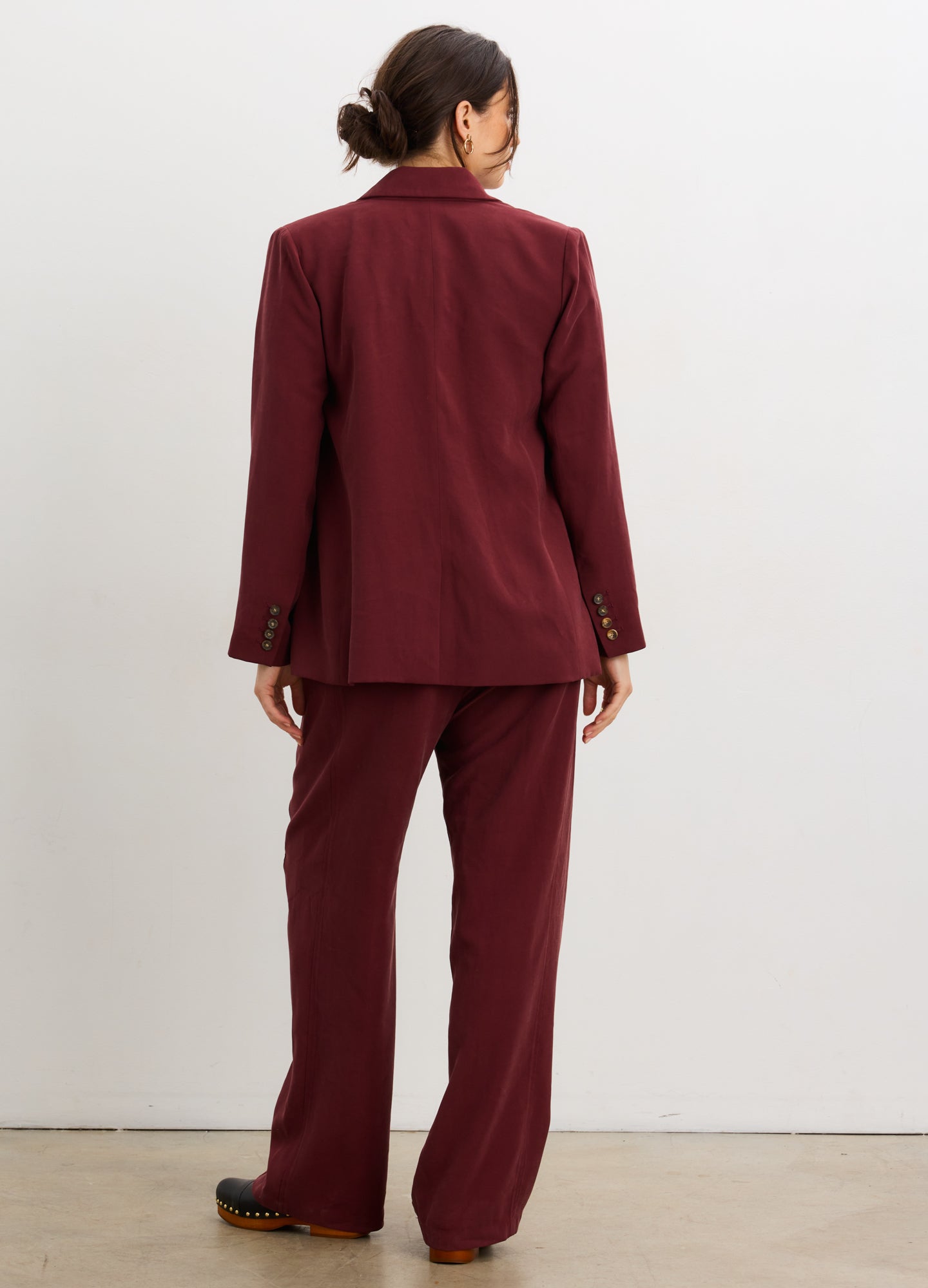 The Soft Tailored Pull On Trouser - Chocolate plum soft tailored maternity pull-on trousers with straight leg, paired with matching double-breasted blazer for.