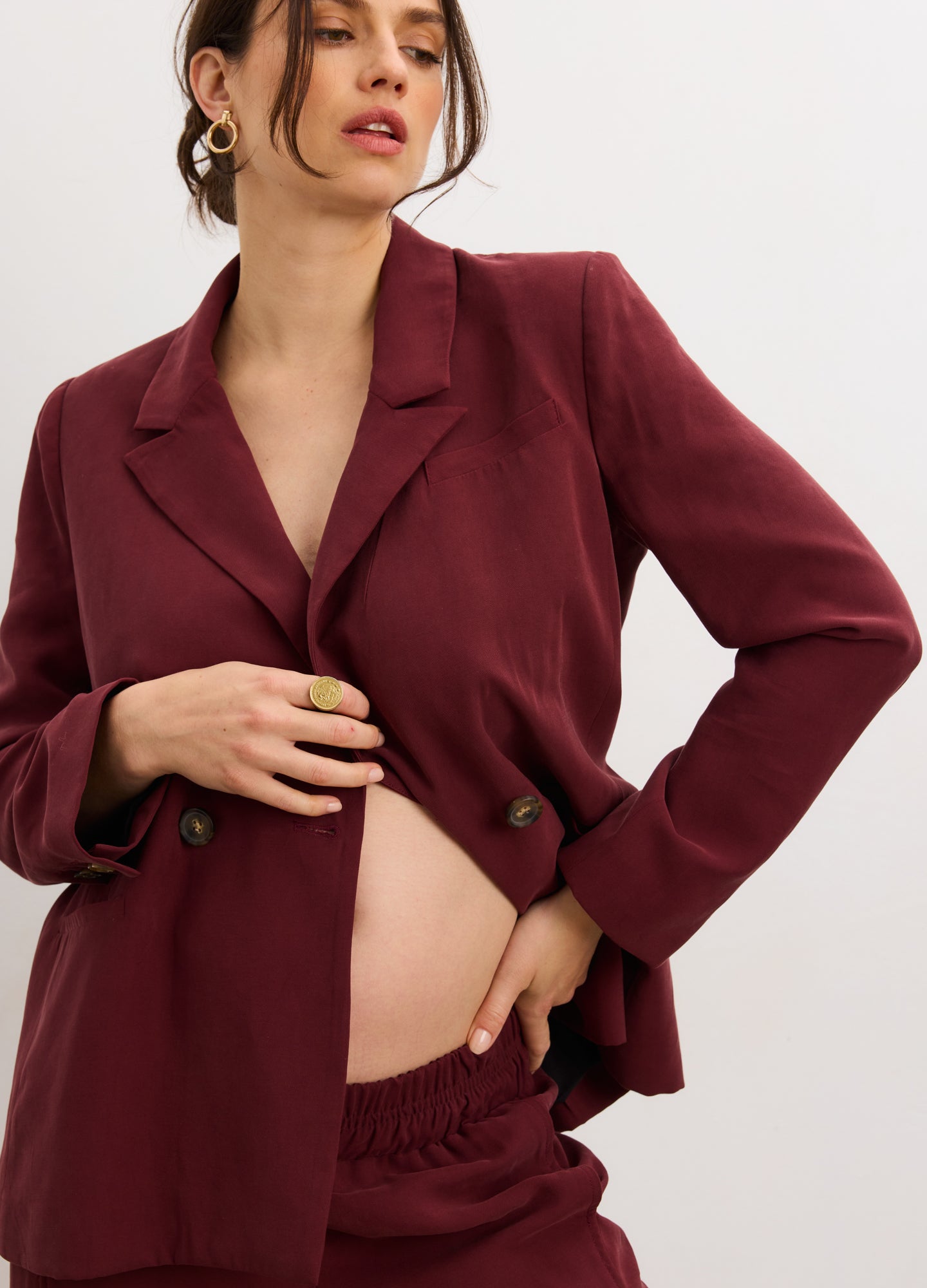 The Soft Tailored Twill Blazer - Chocolate plum maternity blazer with tailored fit, lapel collar, front flap pockets, designed for pregnancy, nursing, and.