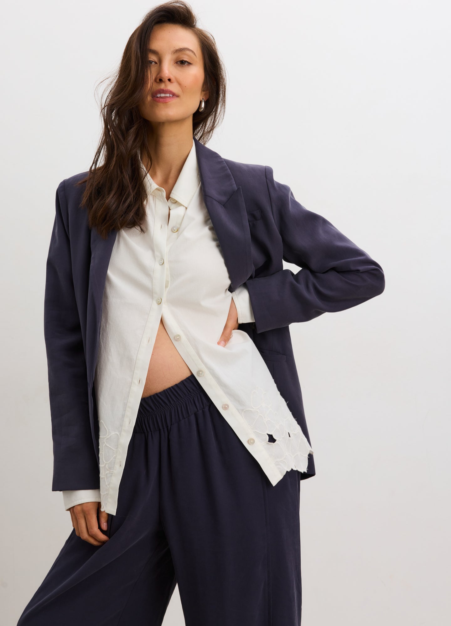 The Soft Tailored Twill Blazer - Slate blue maternity blazer with tailored fit, designed for pregnancy, nursing, and postpartum wear.