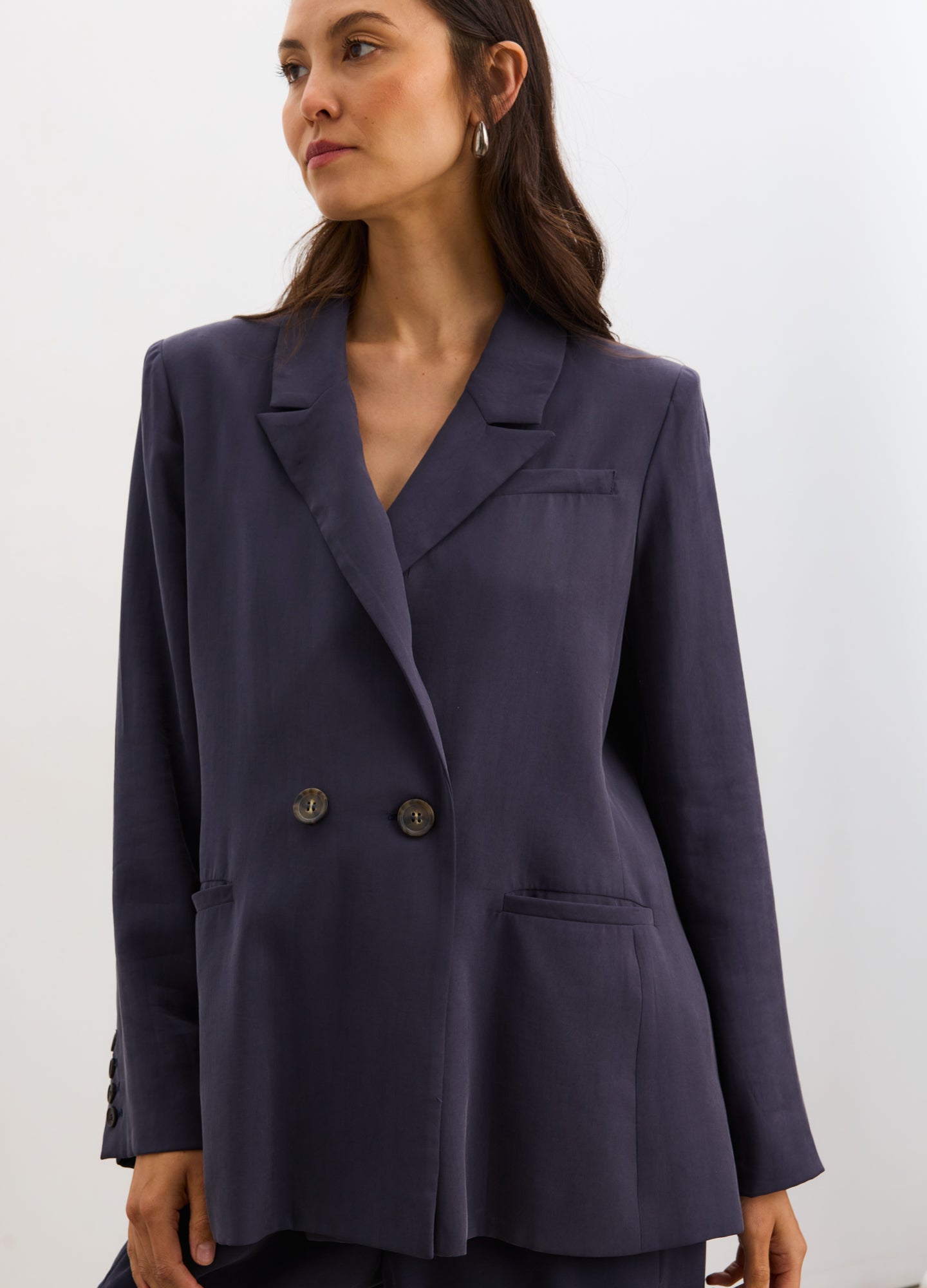 The Soft Tailored Twill Blazer - Slate blue maternity blazer with tailored fit, designed for pregnancy, nursing, and postpartum wear.