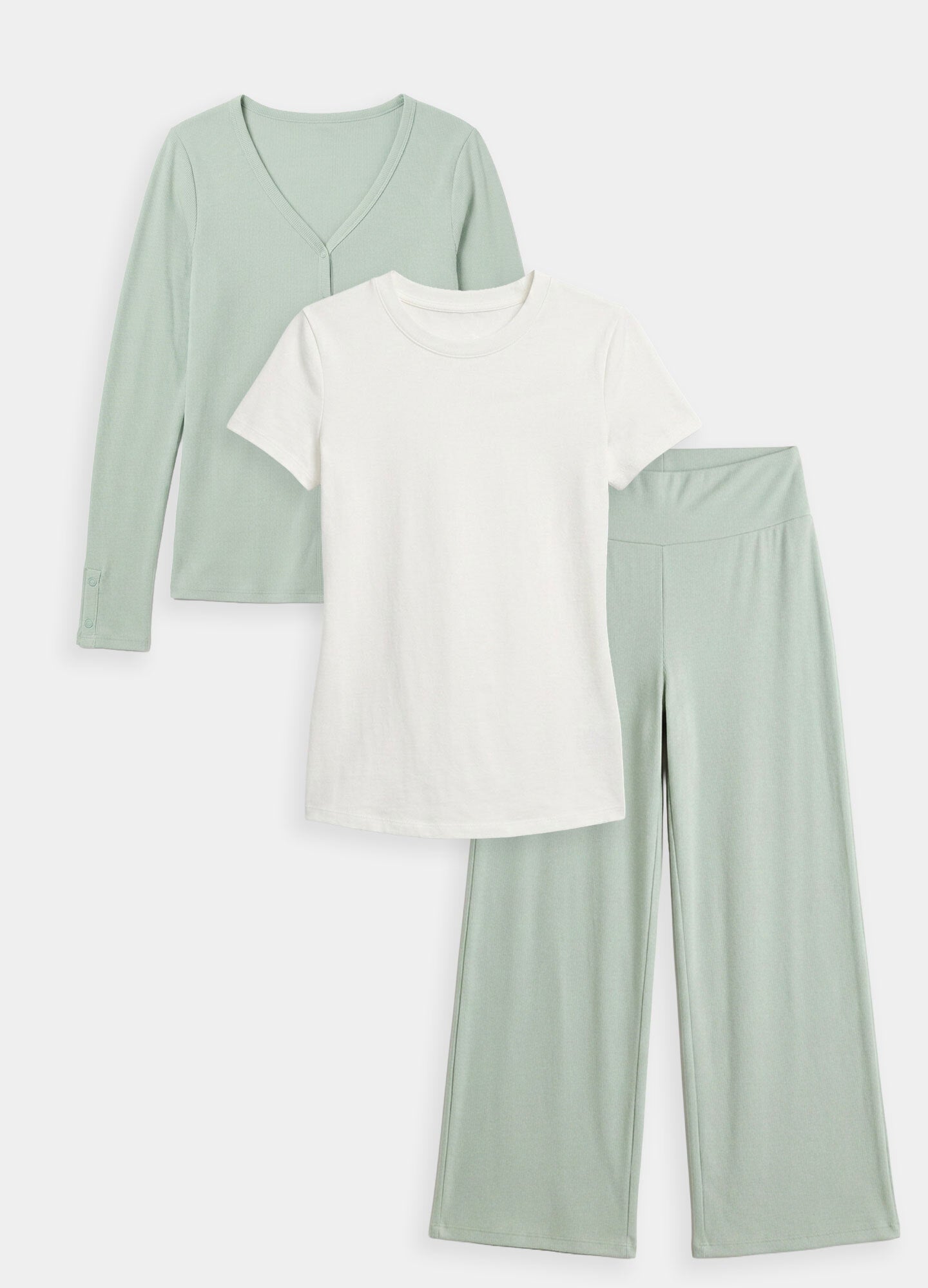 Maternity ribbed soft lounge set with sage green long-sleeve wrap top, white short-sleeve tee, and sage green wide-leg pants.