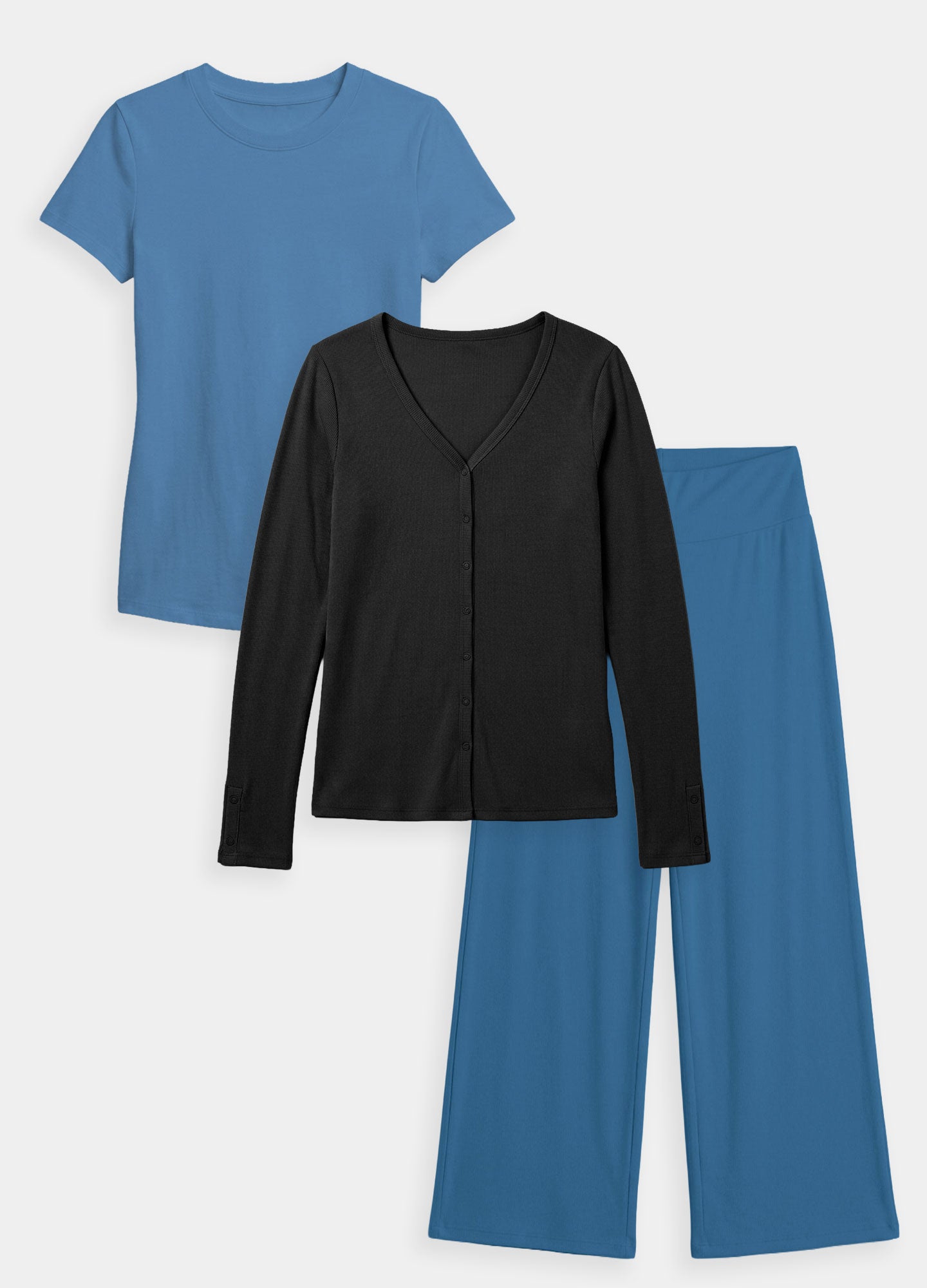 Set of soft ribbed maternity wear including blue short-sleeve top, matching blue wide-leg pants, and black long-sleeve.