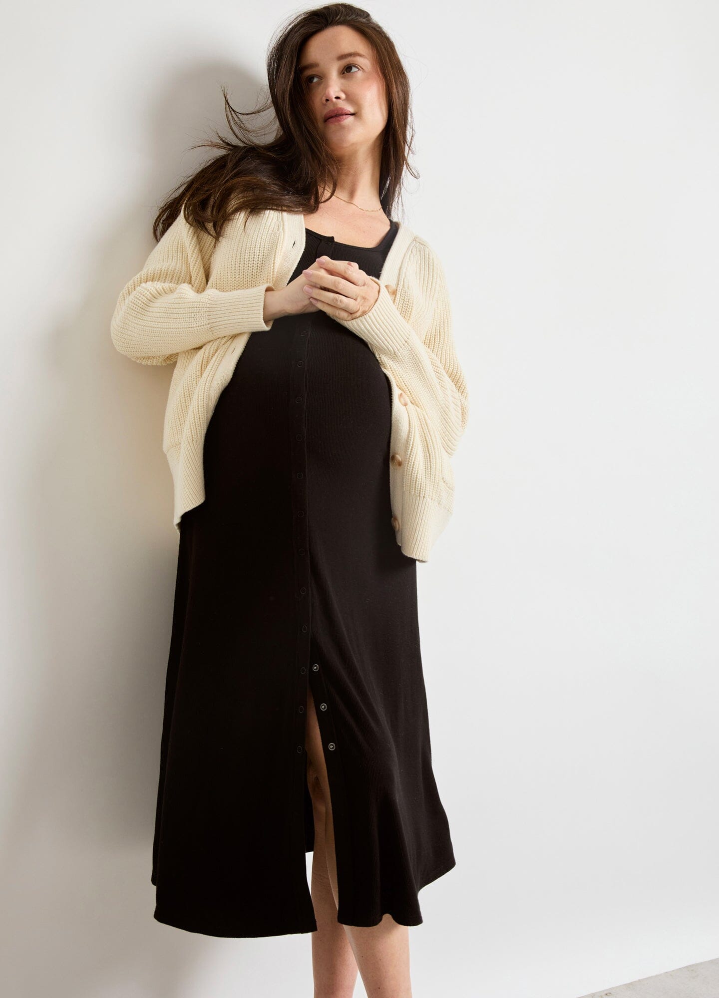 The Softest Rib Nursing Midi Dress - Black ribbed nursing midi dress with short sleeves, scoop neckline, and button-front detail for easy nursing access,.