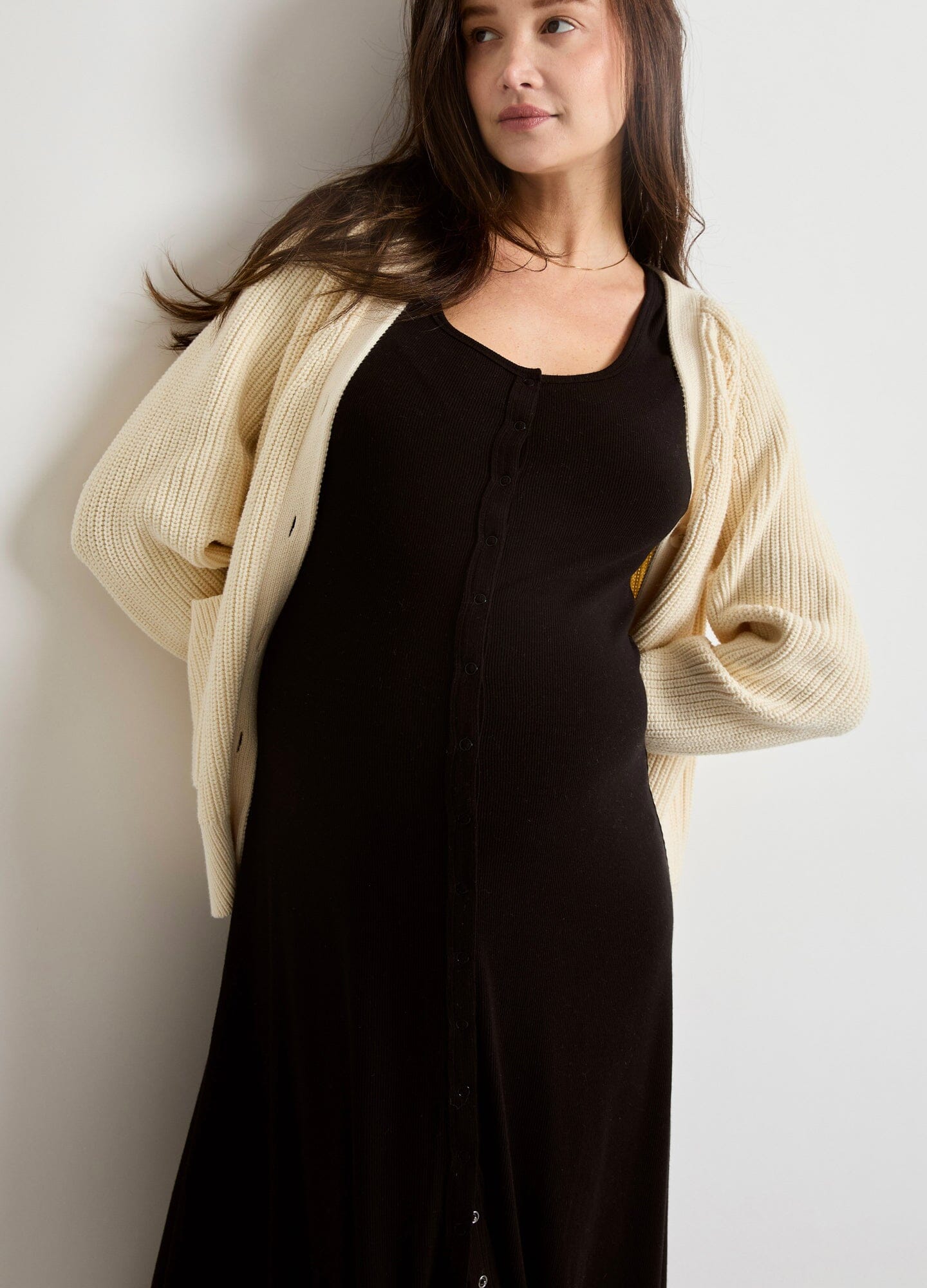 The Softest Rib Nursing Midi Dress - Black ribbed nursing midi dress with short sleeves, scoop neckline, and button-front detail for easy nursing access,.