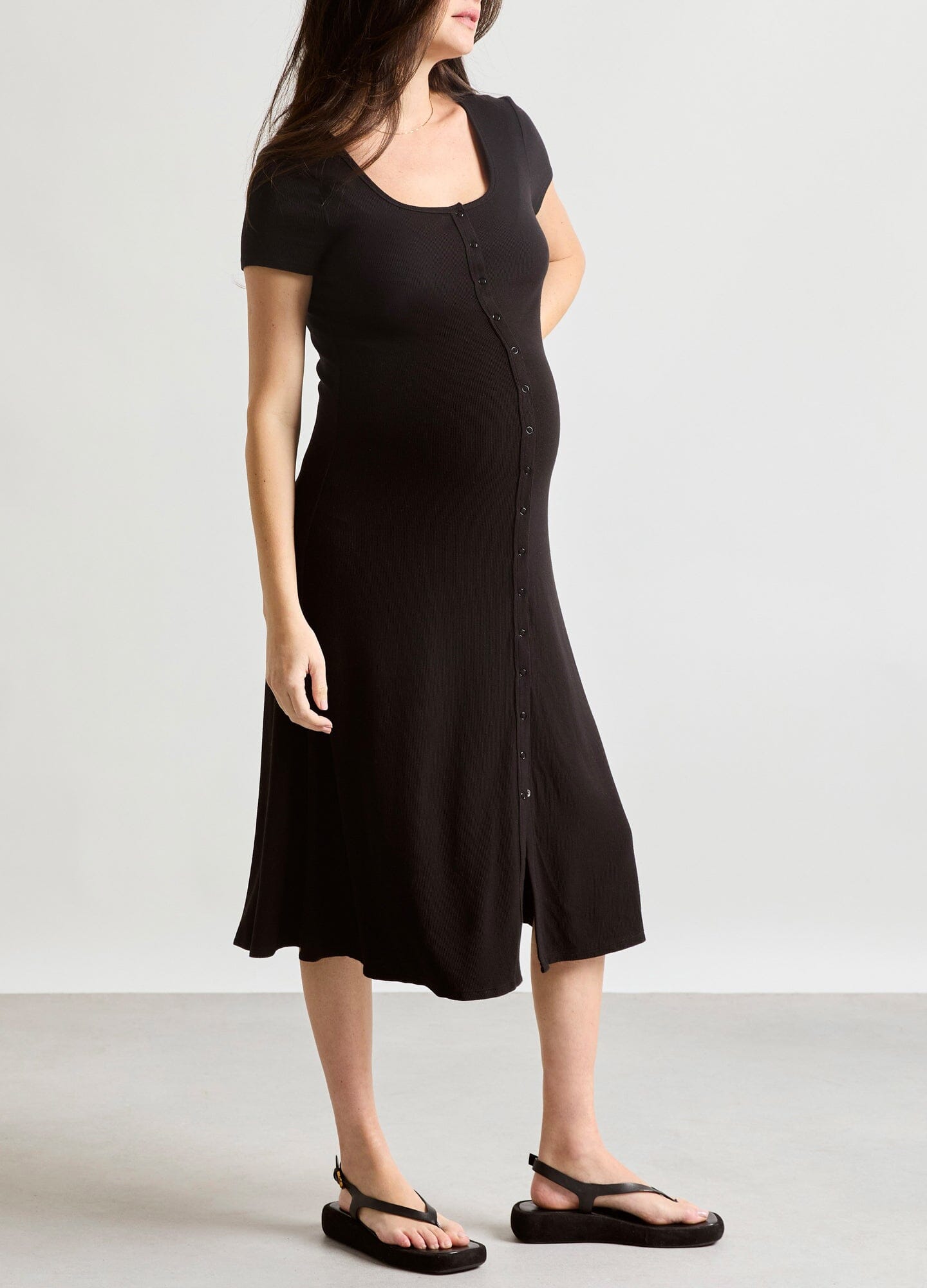 The Softest Rib Nursing Midi Dress - Black ribbed nursing midi dress with short sleeves, scoop neckline, and button-front detail for easy nursing access,.