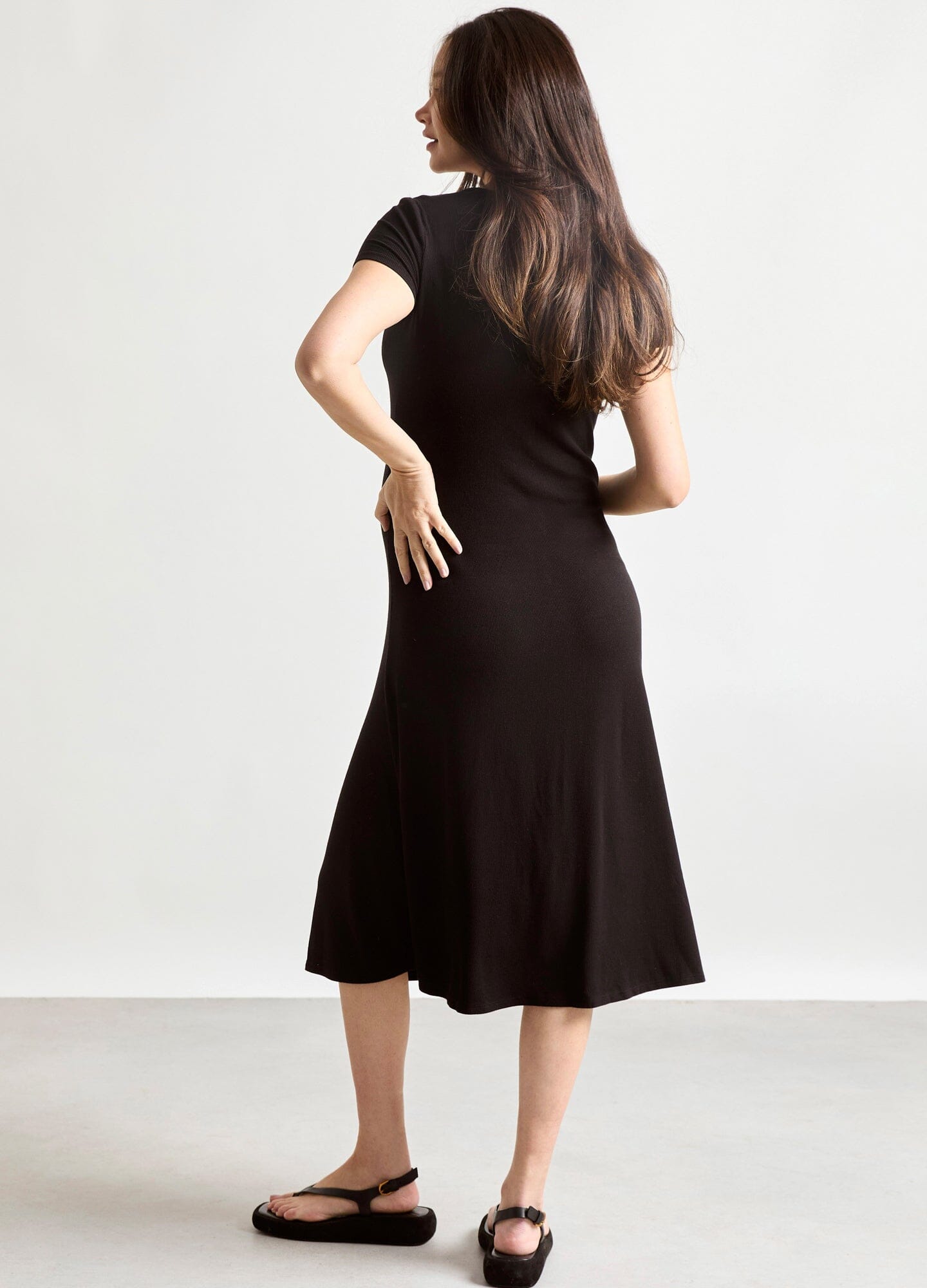 The Softest Rib Nursing Midi Dress - Black ribbed nursing midi dress with short sleeves, scoop neckline, and button-front detail for easy nursing access,.