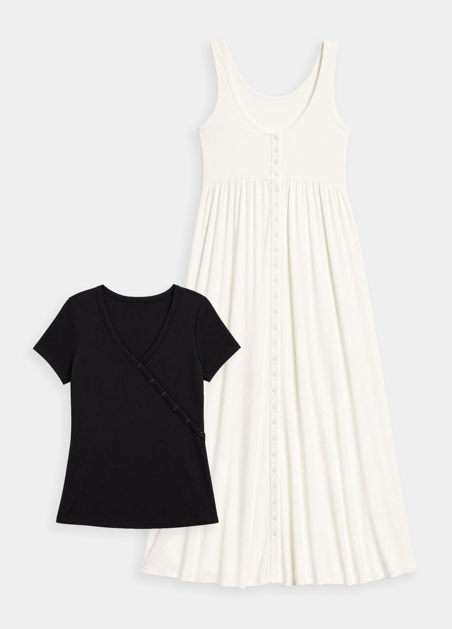 Ivory sleeveless ribbed maxi dress with buttons paired with black short-sleeve ribbed nursing top.