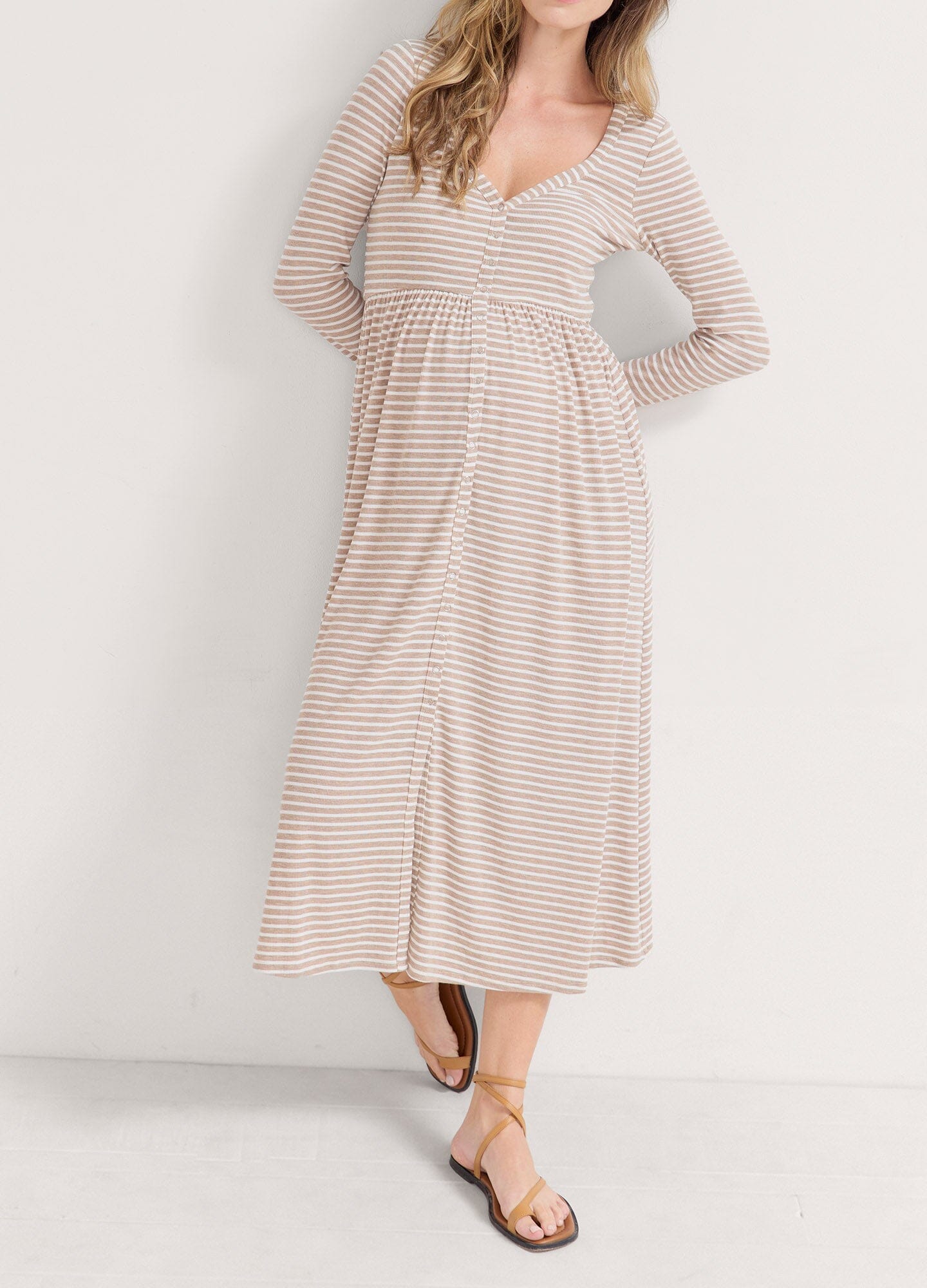 The Softest Rib Nursing Dress - Biscotti and ivory striped rib-knit maternity dress with long sleeves, fitted waist, and nursing-friendly design.