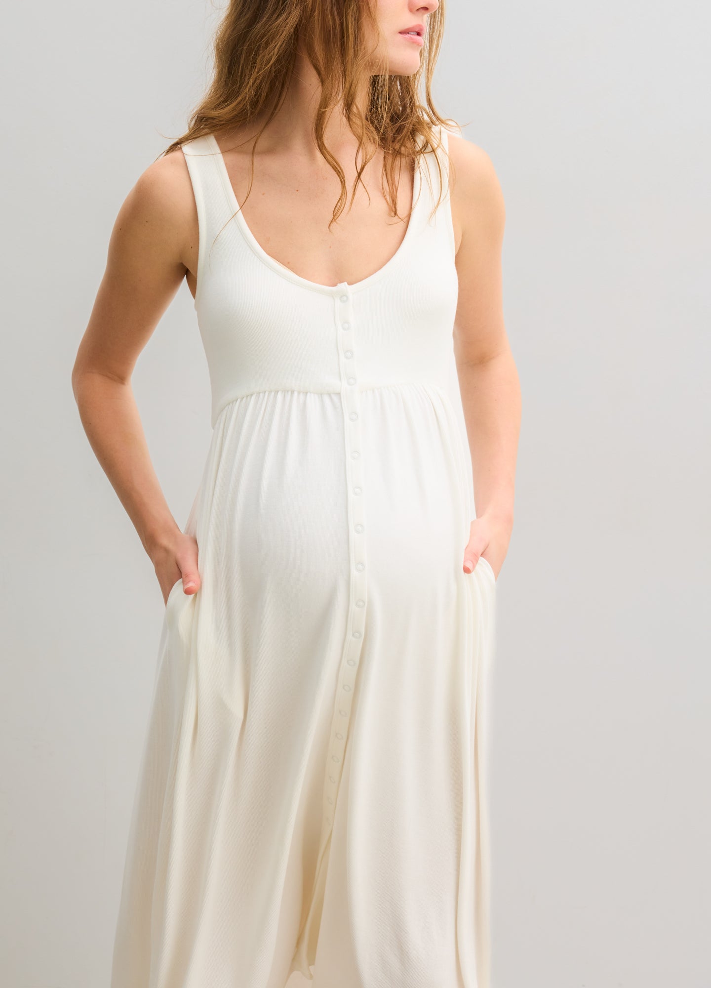 The Softest Rib Nursing Tank Dress - Ivory ribbed nursing tank dress with scoop neck, pockets, and flowing maternity fit for pregnancy and postpartum.