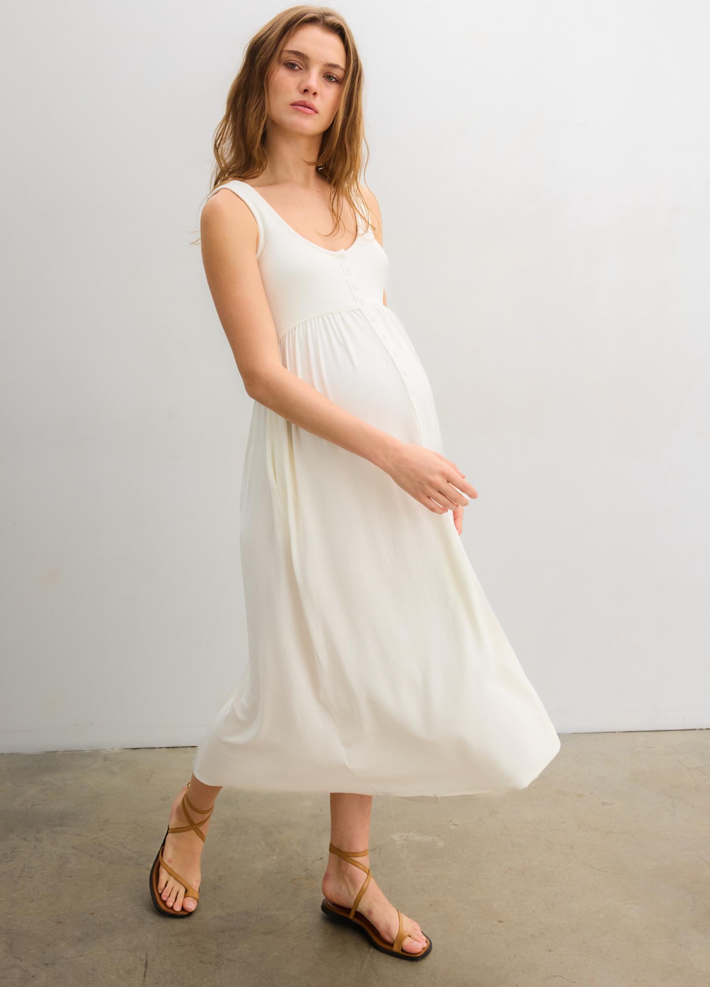 The Softest Rib Nursing Tank Dress - Ivory ribbed nursing tank dress with scoop neck, pockets, and flowing maternity fit for pregnancy and postpartum.