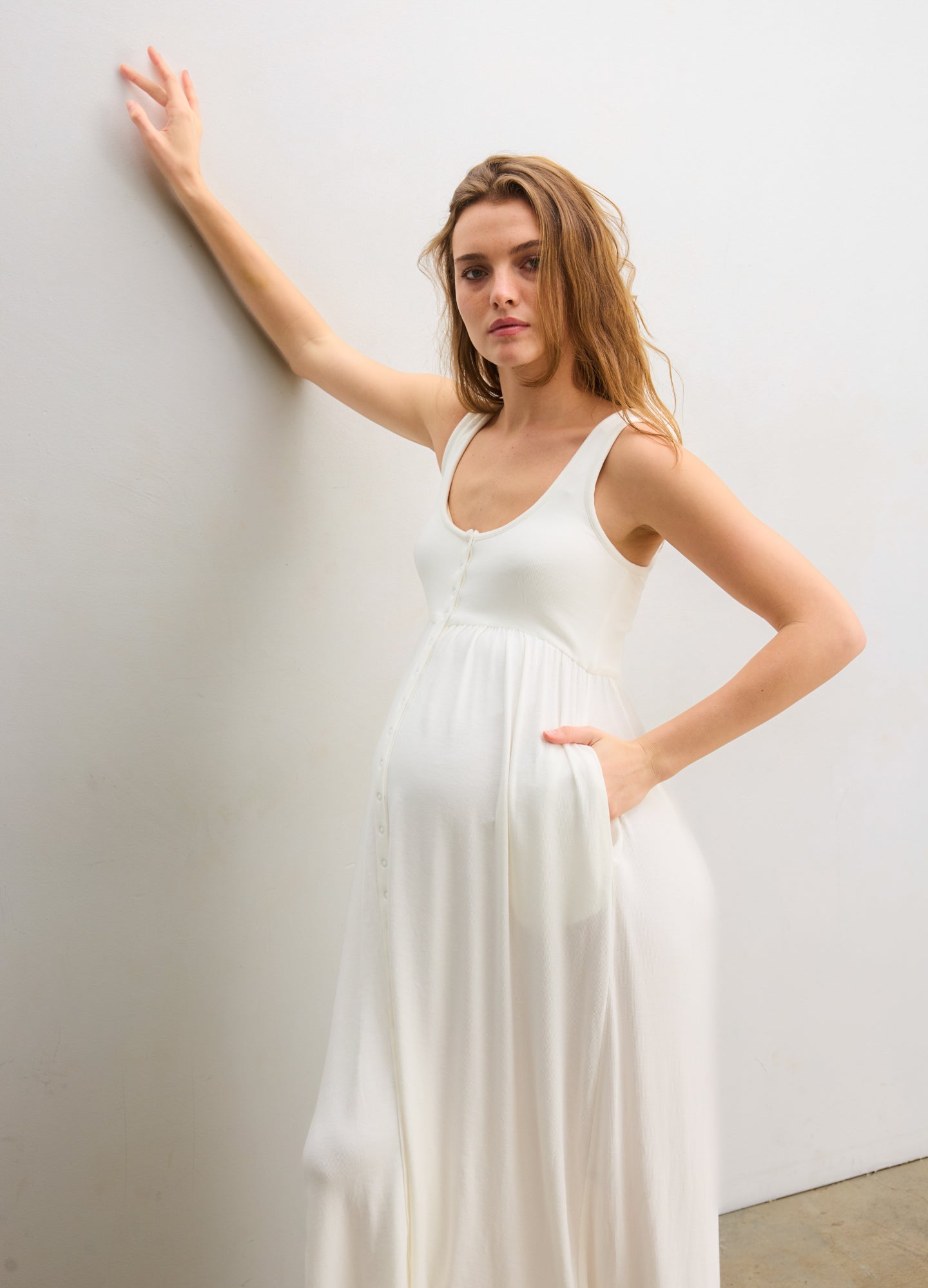 The Softest Rib Nursing Tank Dress - Ivory ribbed nursing tank dress with scoop neck, pockets, and flowing maternity fit for pregnancy and postpartum.