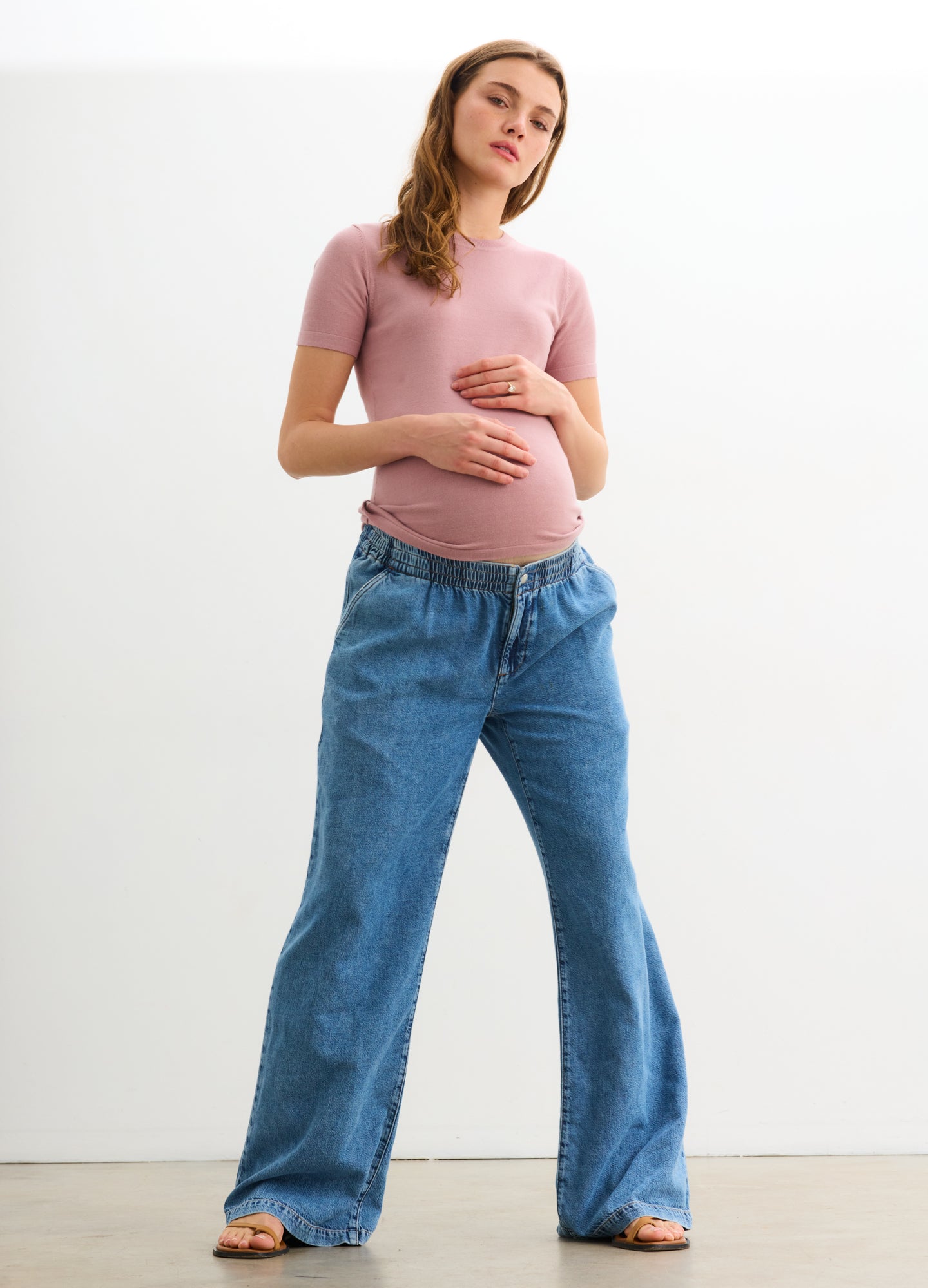 The Softsculpt Knit Tee - Rose mauve soft knit maternity tee with short sleeves, seamless nursing access, gentle stretch for pregnancy and postpartum.