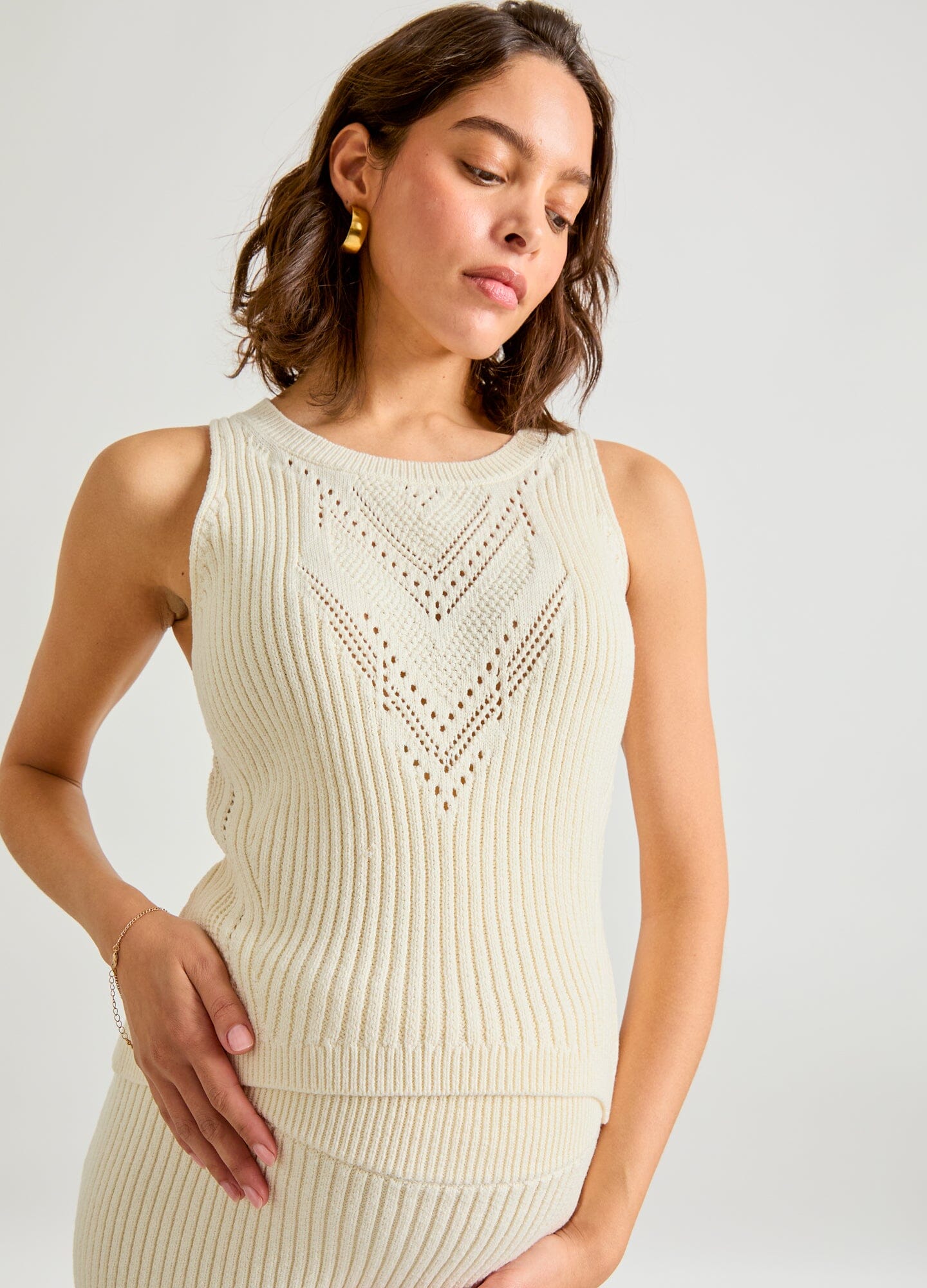 The Chloe Cotton Pointelle Tank - Vanilla cotton pointelle tank with chevron pattern, sleeveless maternity top for pregnancy and nursing.
