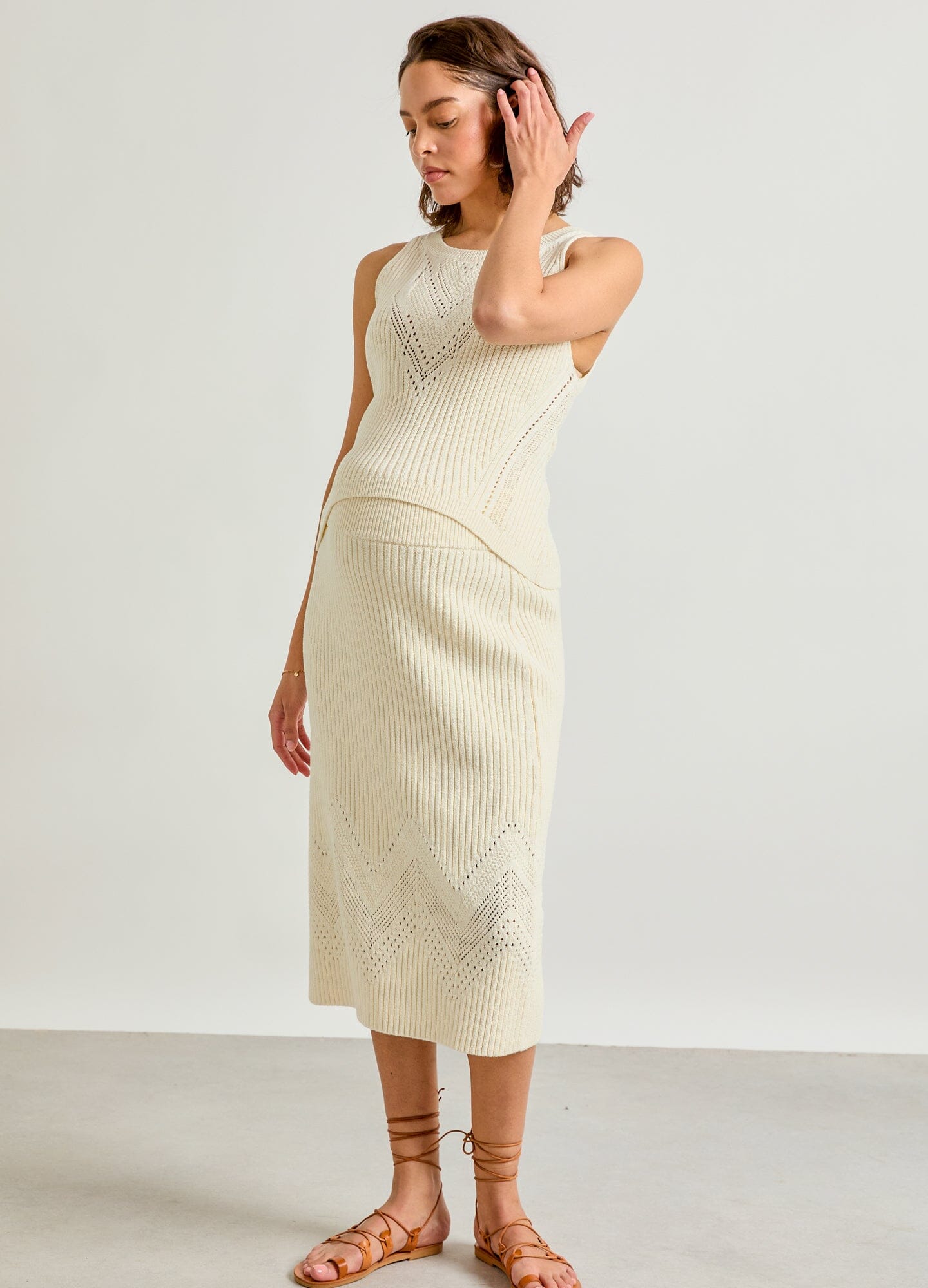 The Chloe Cotton Pointelle Tank - Vanilla cotton pointelle tank with chevron pattern, sleeveless maternity top for pregnancy and nursing.