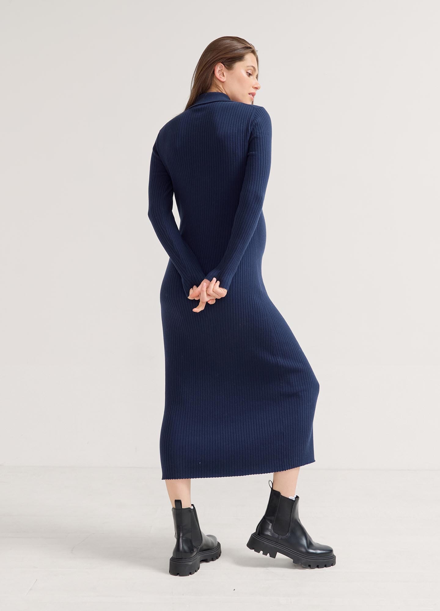 Averie Polo Rib Sweater Dress - Navy rib knit polo sweater dress with long sleeves and zip neckline, designed for maternity, nursing, and postpartum.