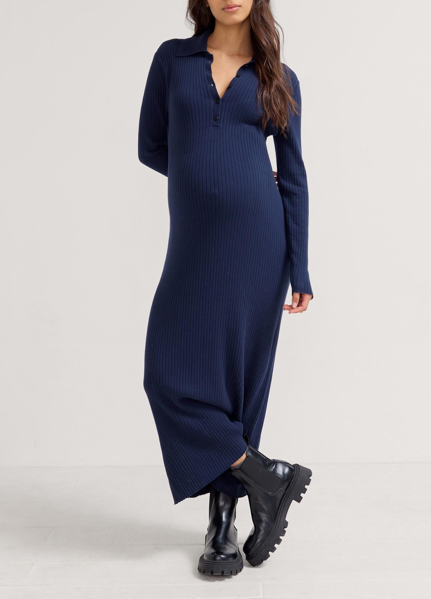 Averie Polo Rib Sweater Dress - Navy rib knit polo sweater dress with long sleeves and zip neckline, designed for maternity, nursing, and postpartum.