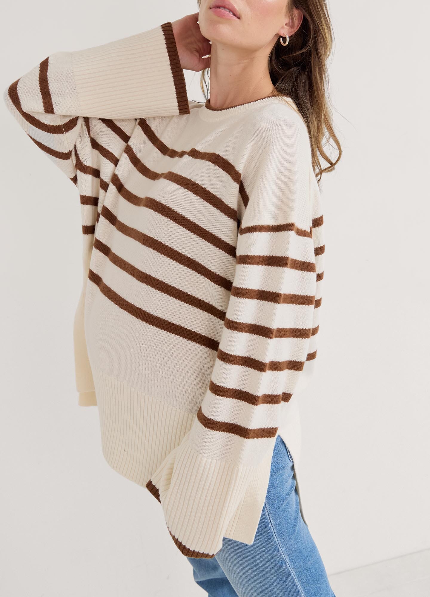 The Carly Knit Pullover - Vanilla and acorn striped knit pullover with wide sleeves, designed for maternity, nursing, and postpartum comfort.
