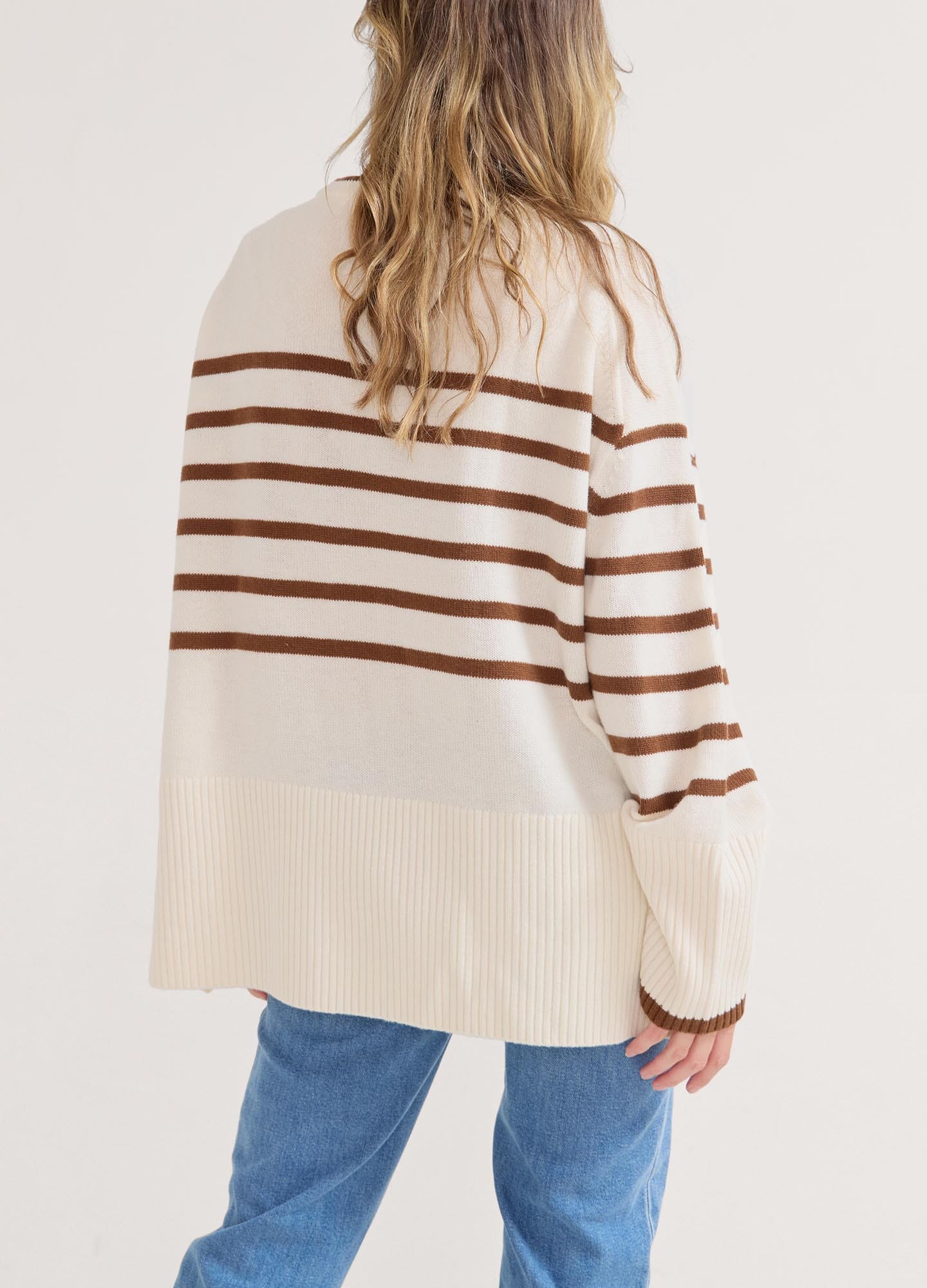 The Carly Knit Pullover - Vanilla and acorn striped knit pullover with wide sleeves, designed for maternity, nursing, and postpartum comfort.