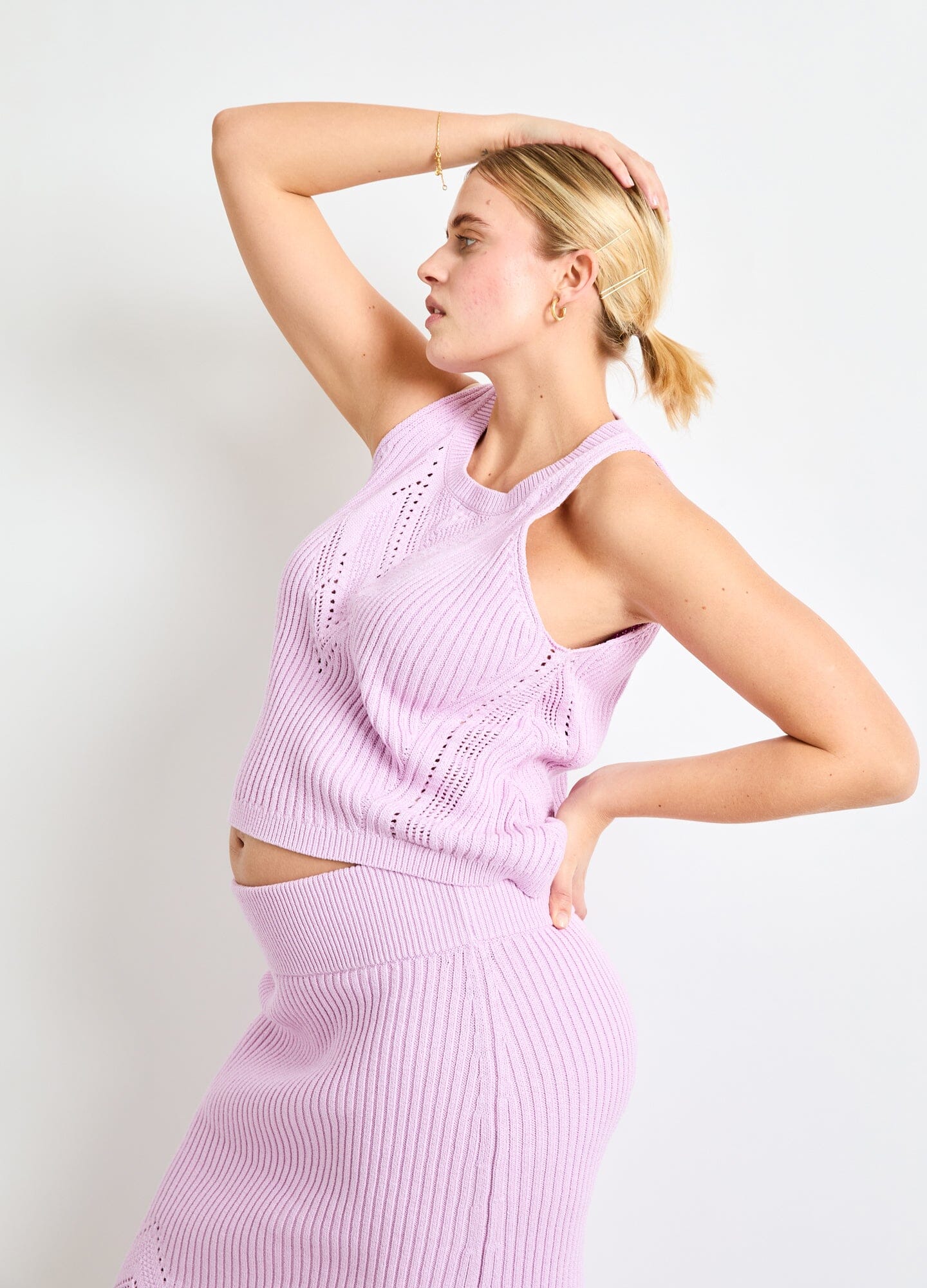 The Chloe Cotton Pointelle Tank - Pink lilac cotton pointelle tank top with sleeveless design, styled for maternity, nursing, and postpartum.