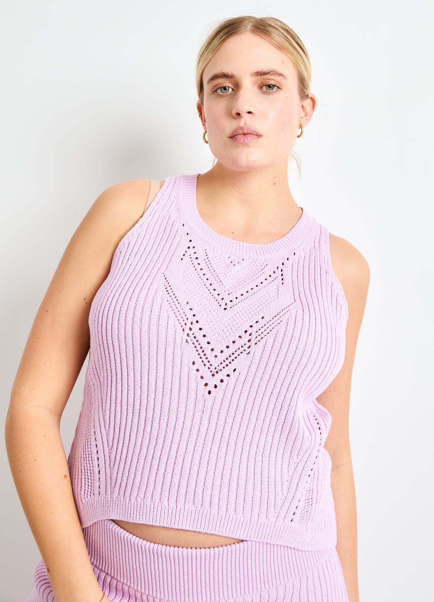 The Chloe Cotton Pointelle Tank - Pink lilac cotton pointelle tank top with sleeveless design, styled for maternity, nursing, and postpartum.
