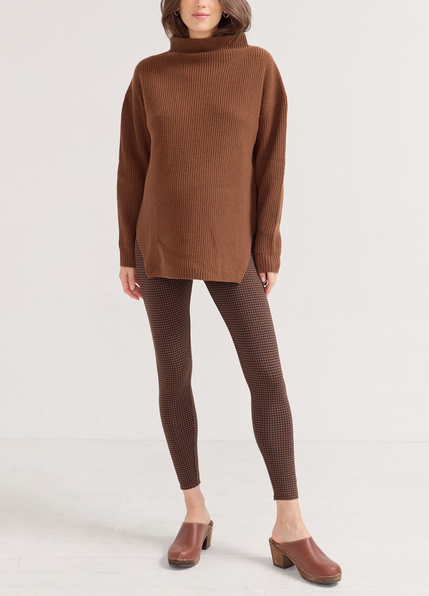The Cozy Shaker Turtleneck - Soft acorn-colored ribbed knit turtleneck sweater for maternity and nursing with cozy relaxed fit.
