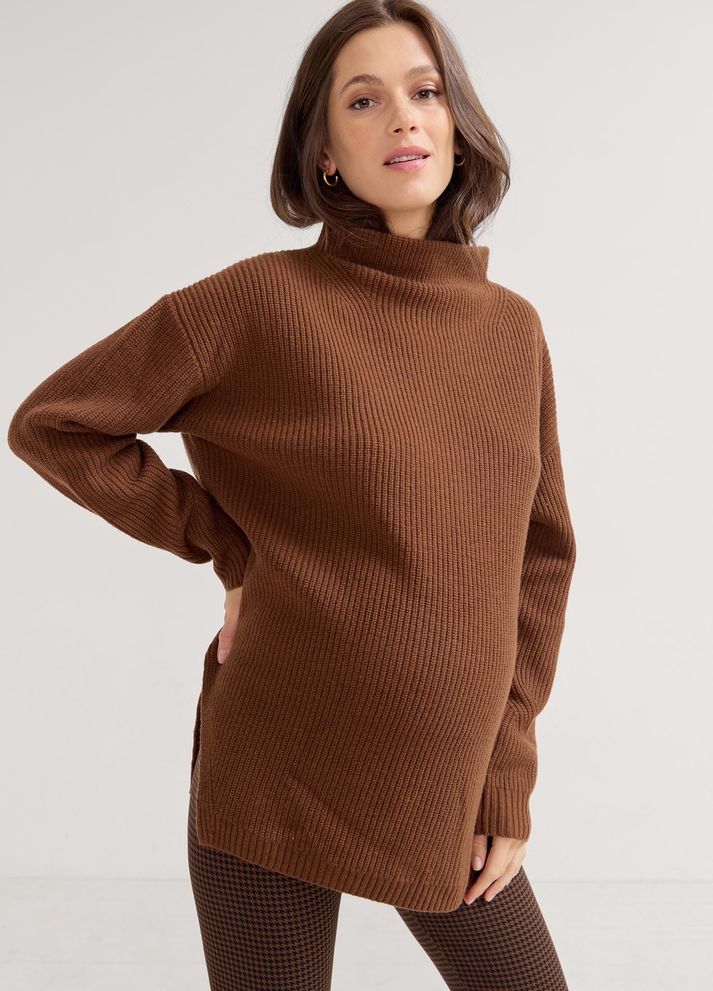 The Cozy Shaker Turtleneck - Soft acorn-colored ribbed knit turtleneck sweater for maternity and nursing with cozy relaxed fit.