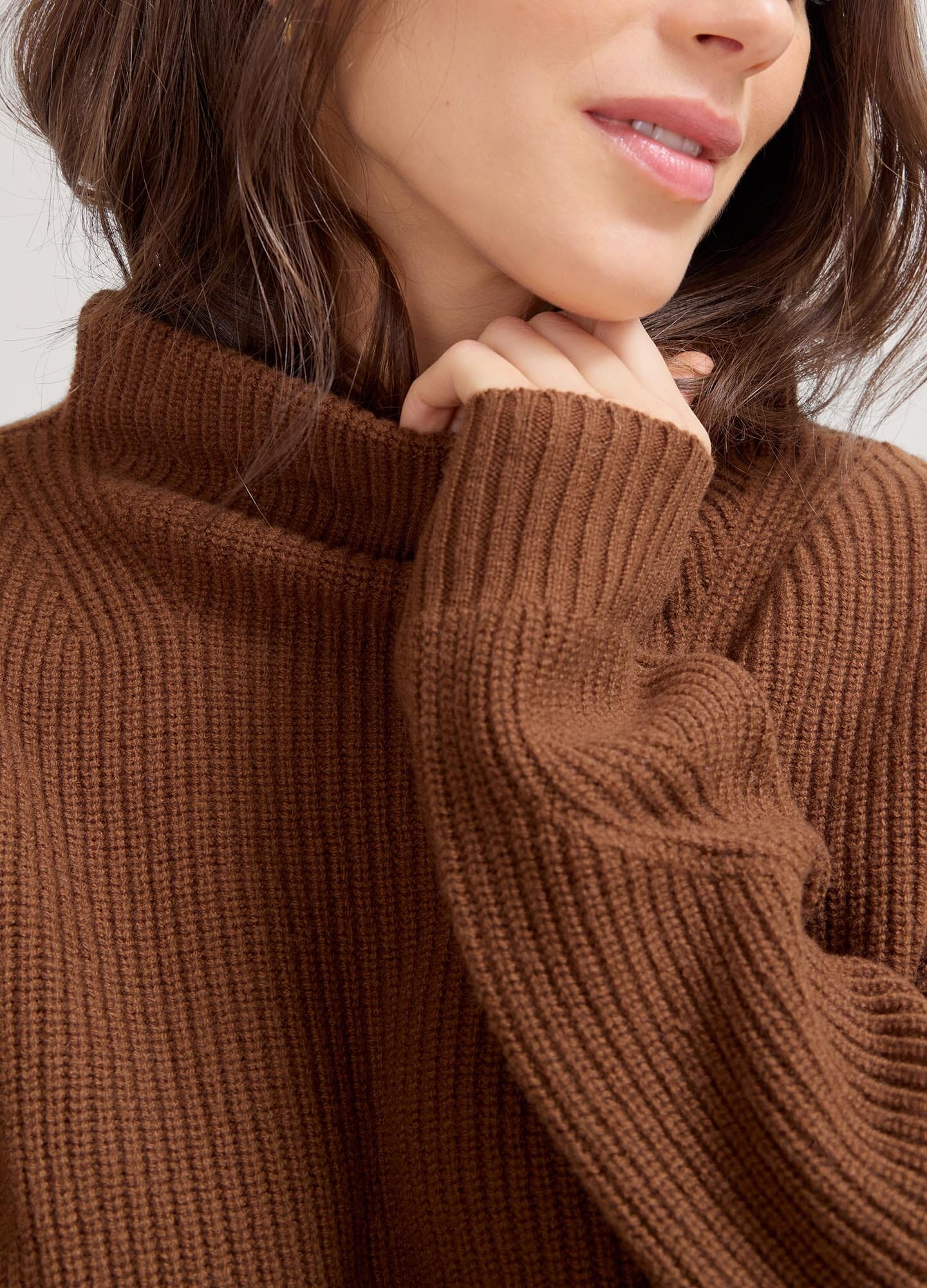 The Cozy Shaker Turtleneck - Soft acorn-colored ribbed knit turtleneck sweater for maternity and nursing with cozy relaxed fit.